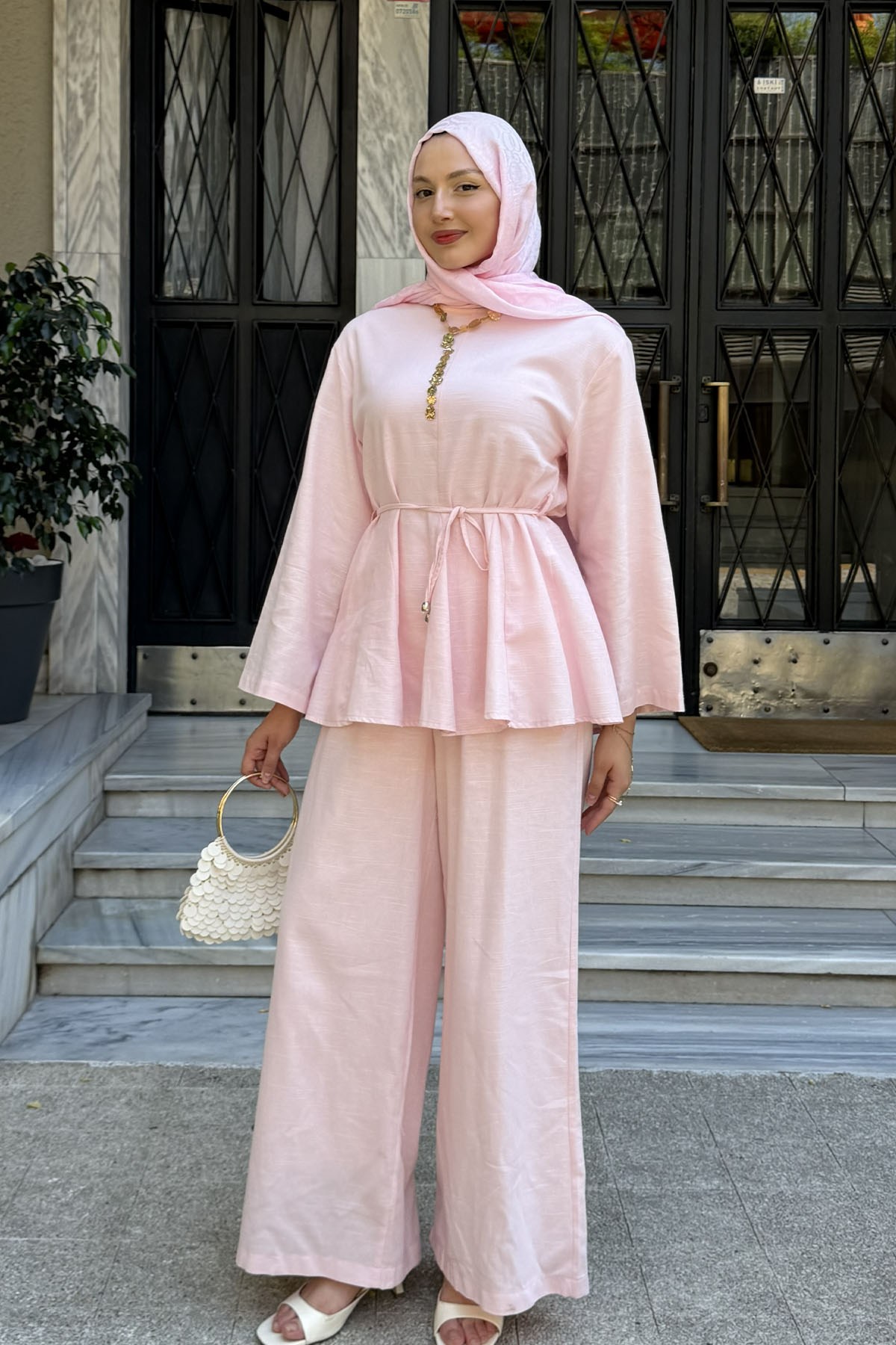 Kuşak Detaylı Godeli Keten Tunik Pantolon Tesettür Takım-PEMBE