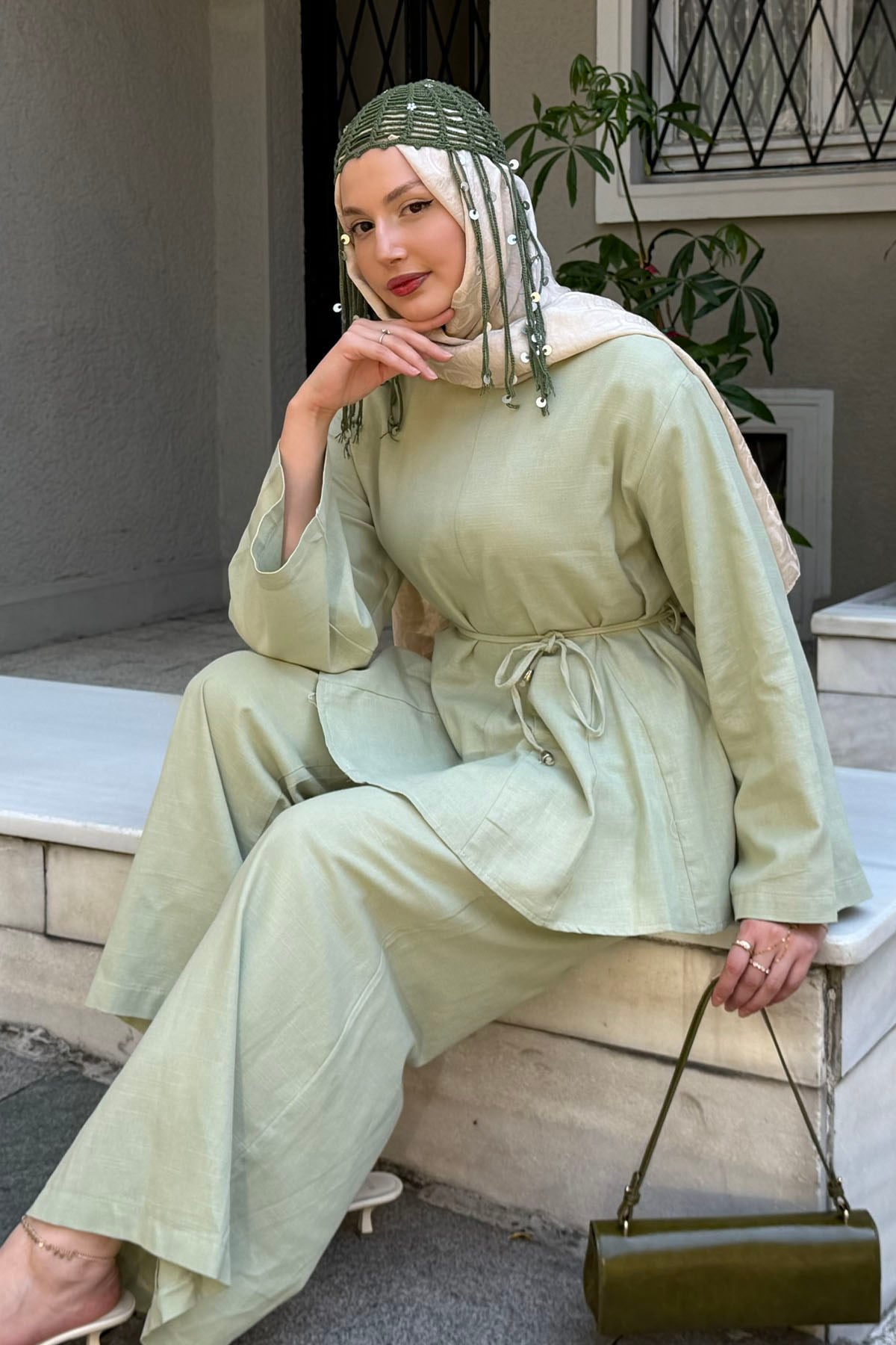 Kuşak Detaylı Godeli Keten Tunik Pantolon Tesettür Takım-MİNT YEŞİLİ