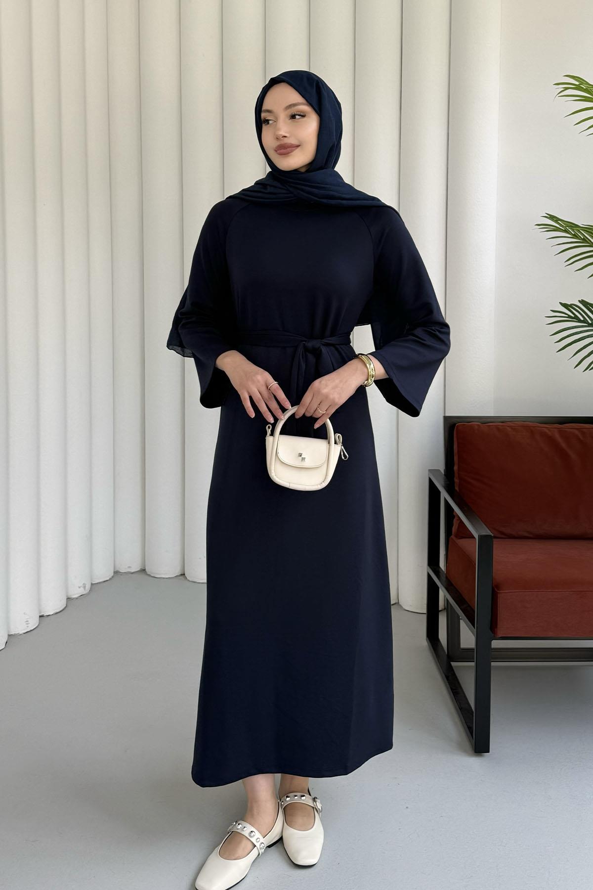 Kuşaklı Oysho Kumaş Tesettür Elbise-LACİVERT