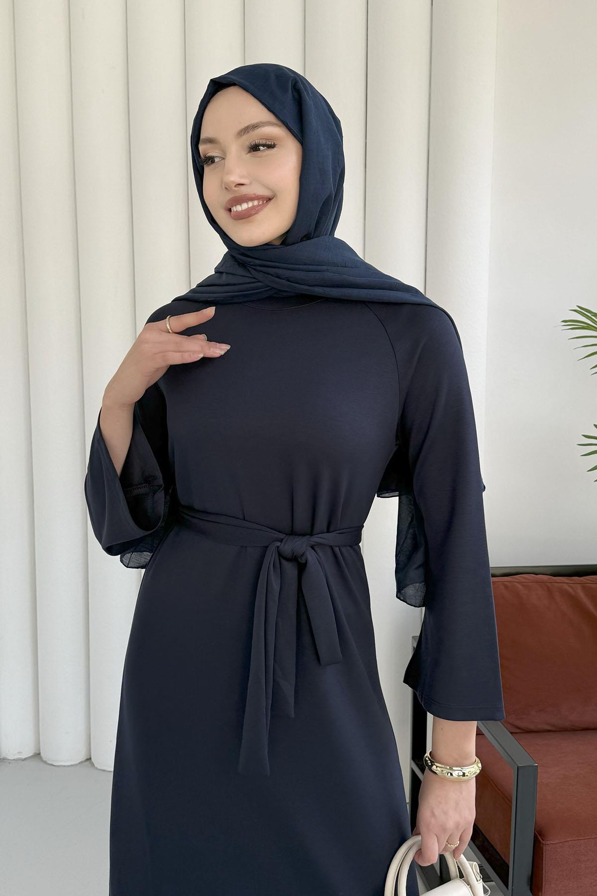 Kuşaklı Oysho Kumaş Tesettür Elbise-LACİVERT