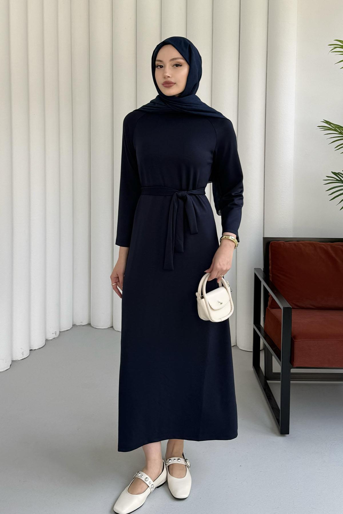 Kuşaklı Oysho Kumaş Tesettür Elbise-LACİVERT