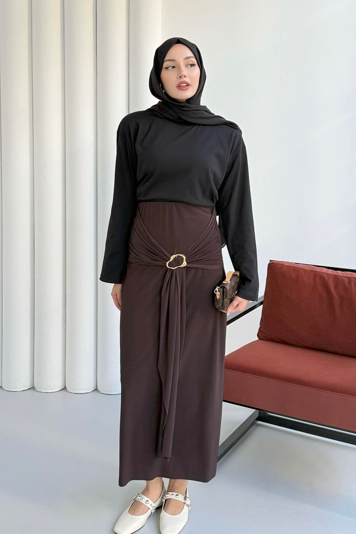 Kuşaklı Toka Detaylı Sendy Etek-KAHVERENGİ