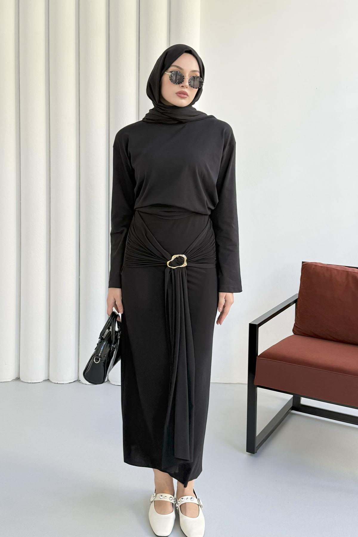 Kuşaklı Toka Detaylı Sendy Etek-SİYAH