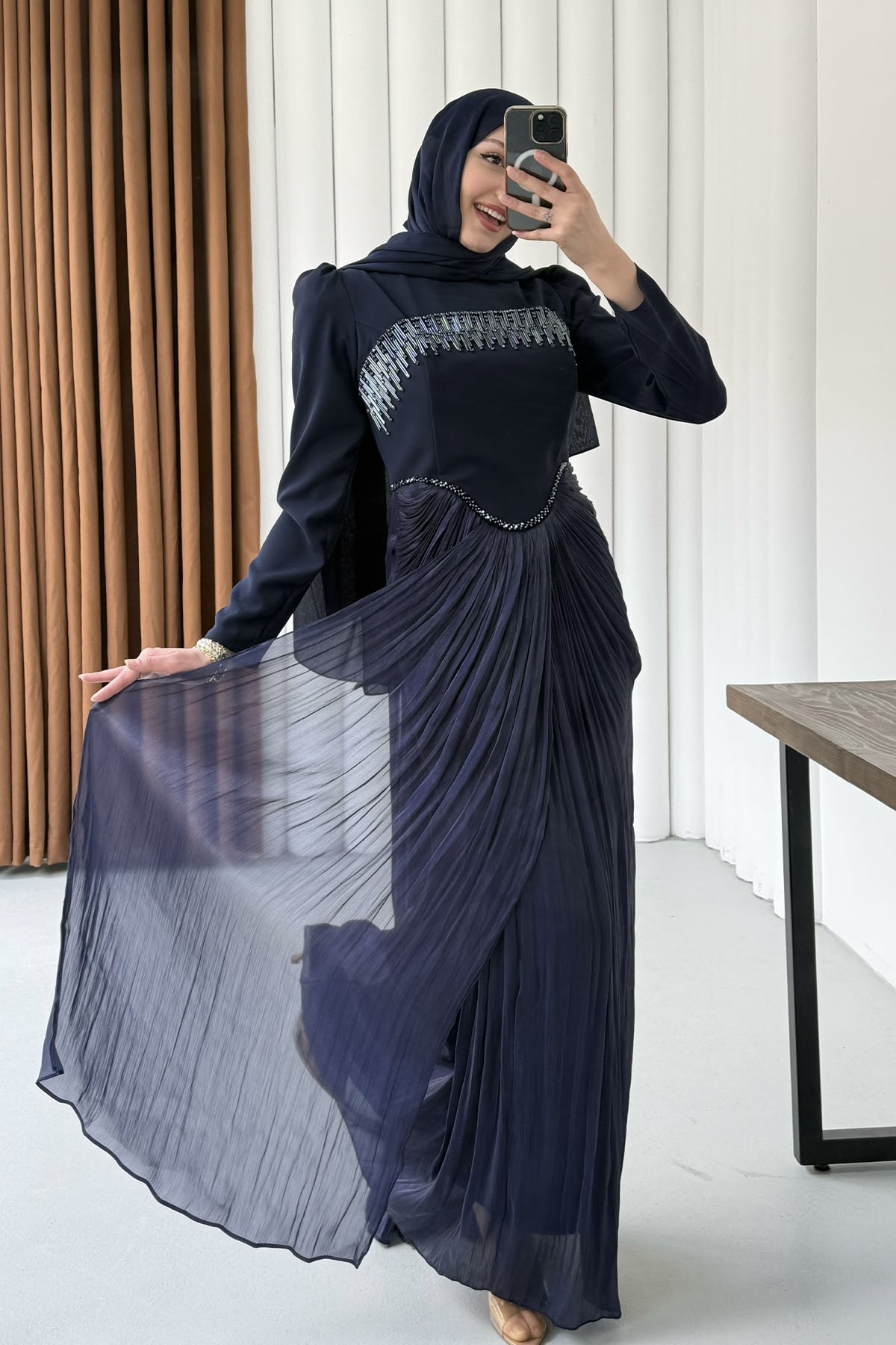 Lavin Premium Korseli Tesettür Abiye Elbise-LACİVERT