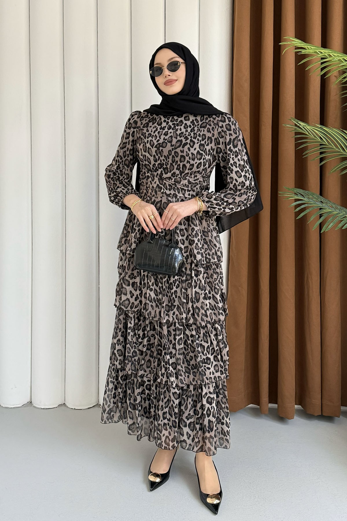 Leopar Volanlı Şifon Tesettür Elbise-TAŞ