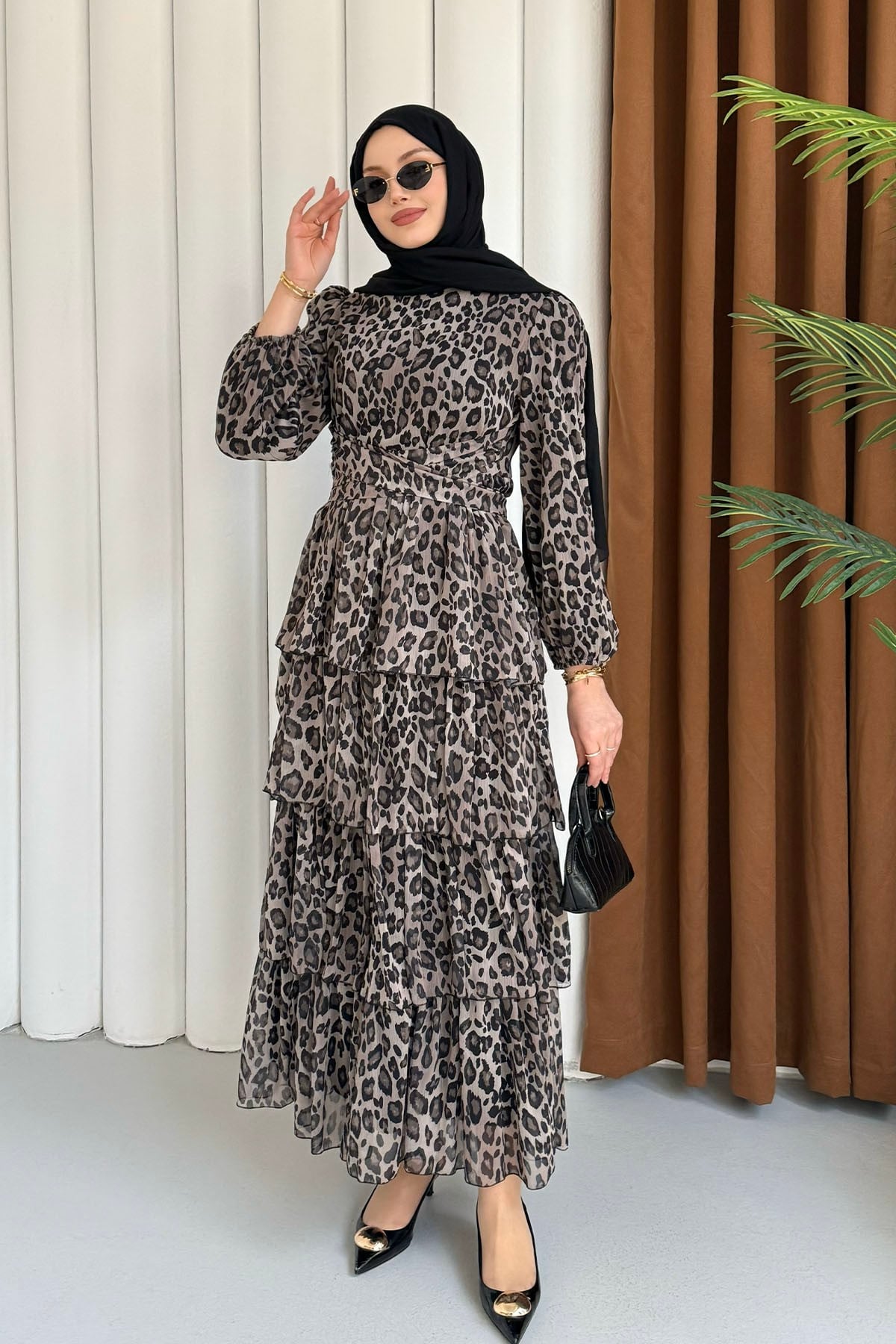 Leopar Volanlı Şifon Tesettür Elbise-TAŞ
