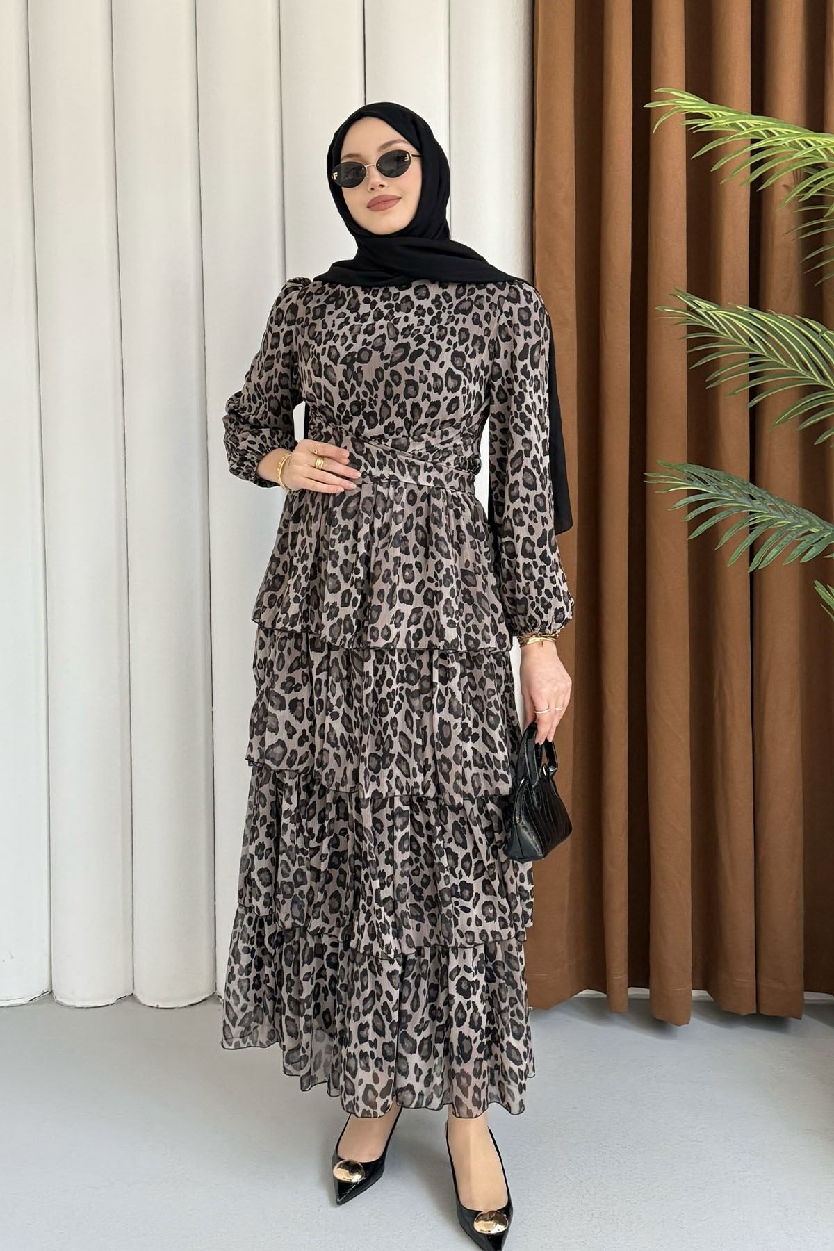 Leopar Volanlı Şifon Tesettür Elbise-TAŞ