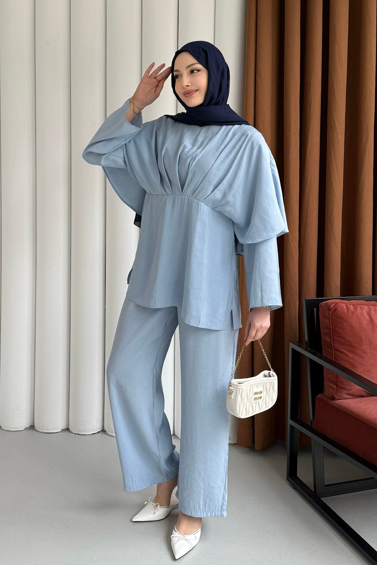 Linda Arka Pelerin Detay Pantolon Tesettür Takım-BEBE MAVİ
