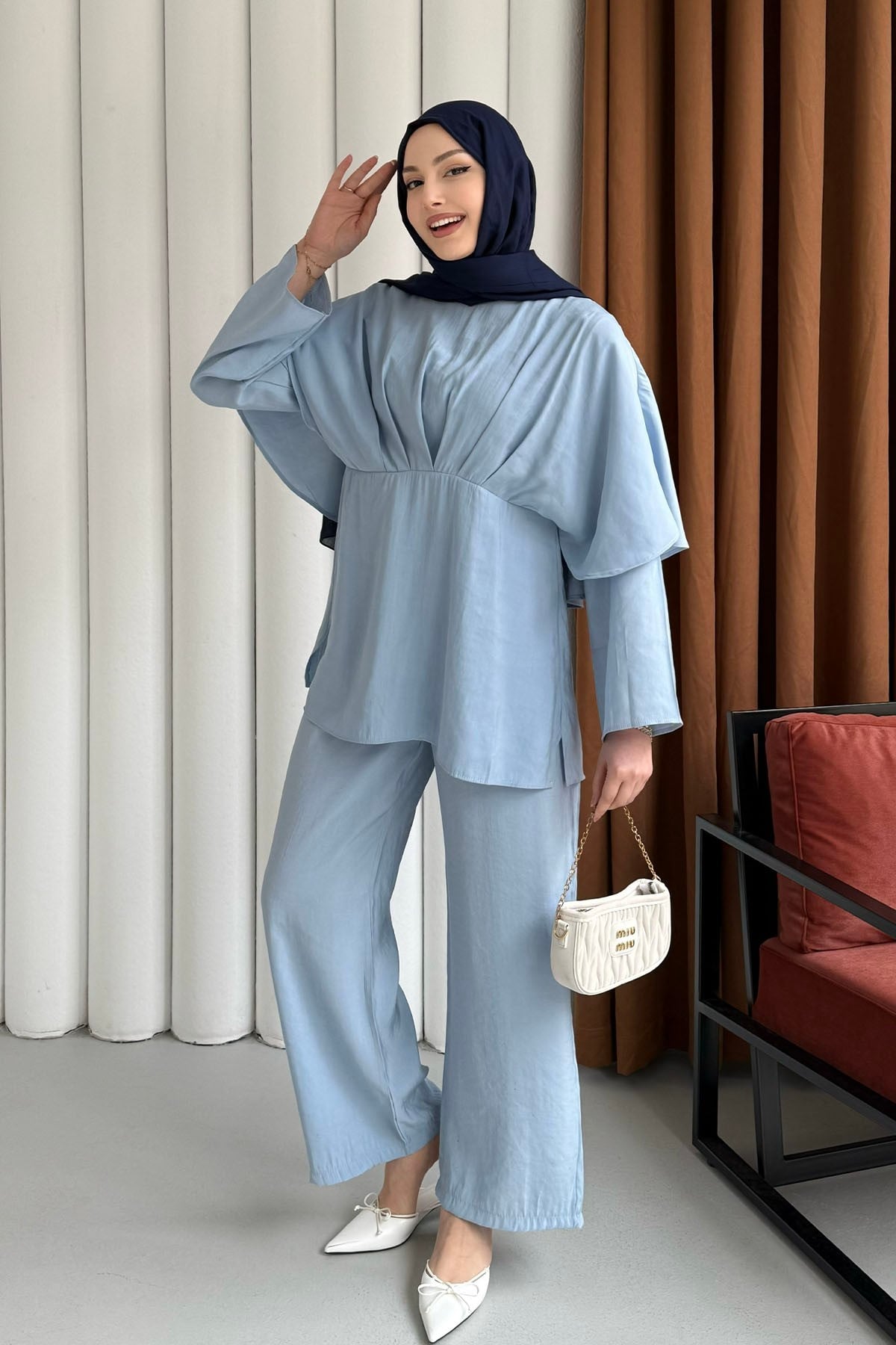 Linda Arka Pelerin Detay Pantolon Tesettür Takım-BEBE MAVİ