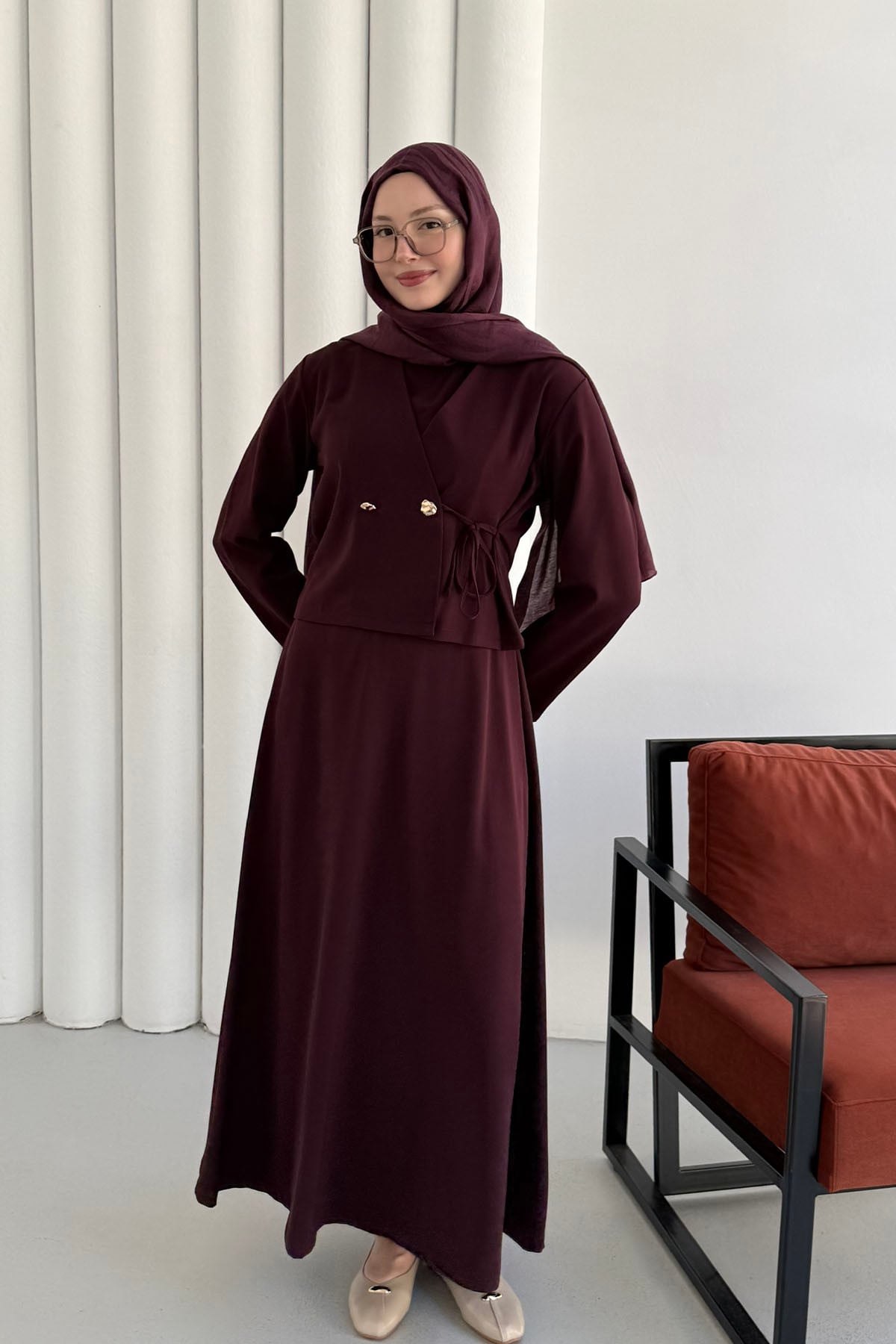 Linda Kumaş Çift Düğmeli Yandan Bağlamalı Jile Takım Elbise-MÜRDÜM