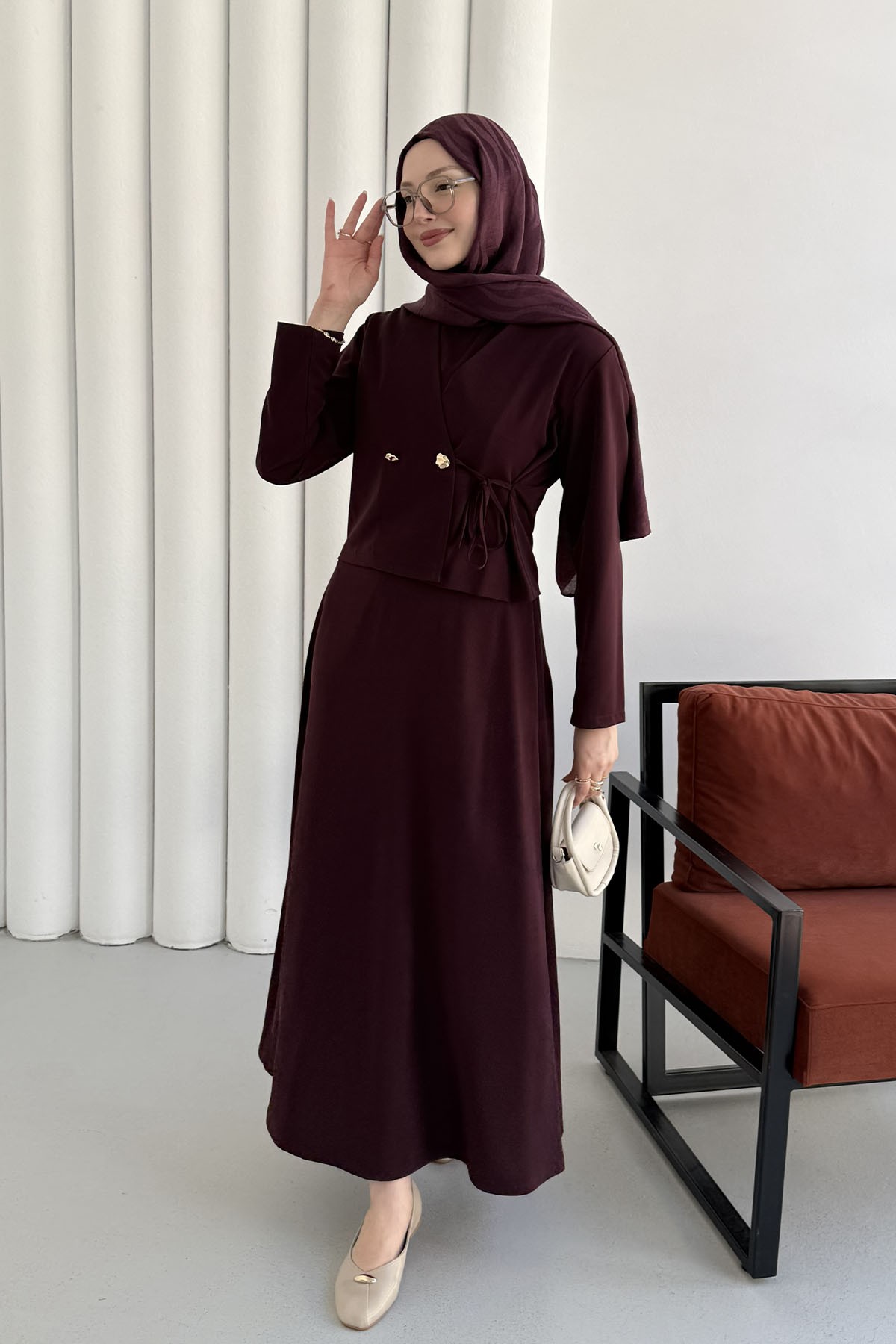Linda Kumaş Çift Düğmeli Yandan Bağlamalı Jile Takım Elbise-MÜRDÜM