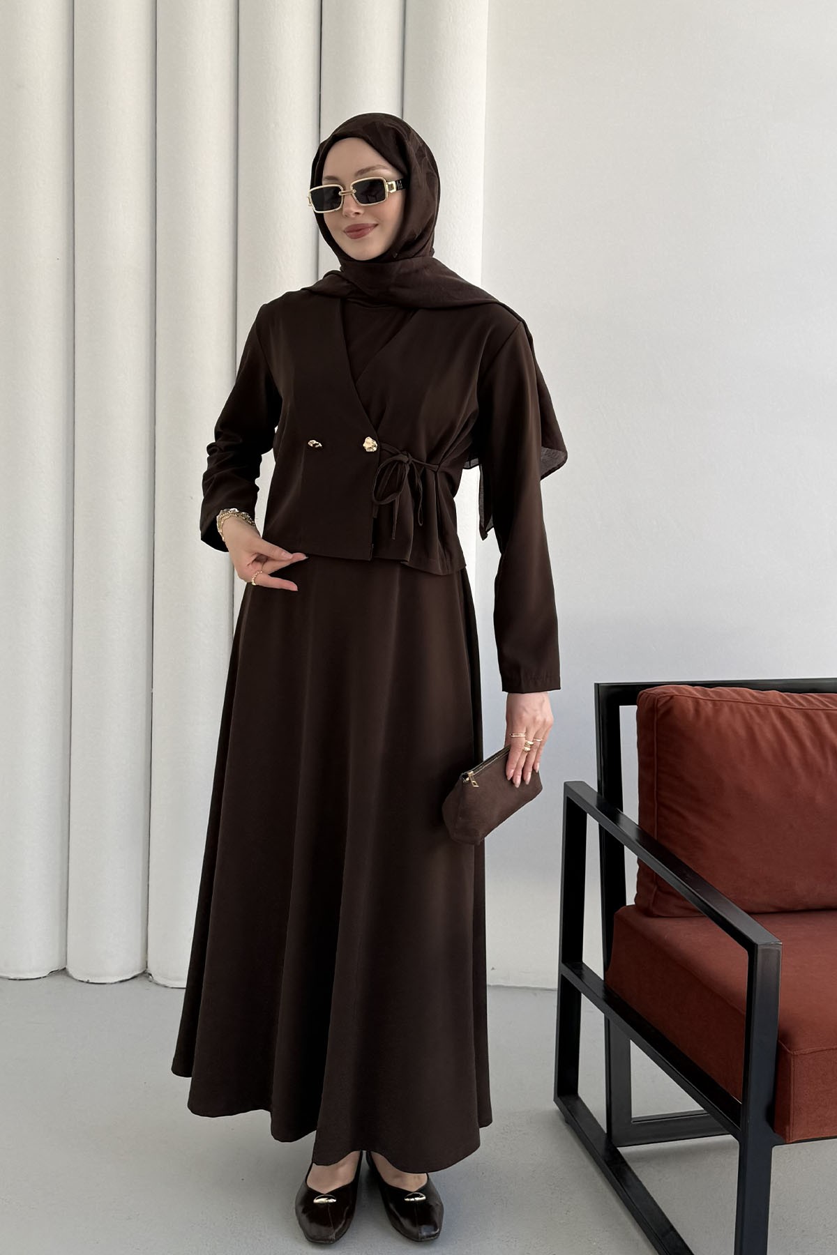 Linda Kumaş Çift Düğmeli Yandan Bağlamalı Jile Takım Elbise-KAHVERENGİ