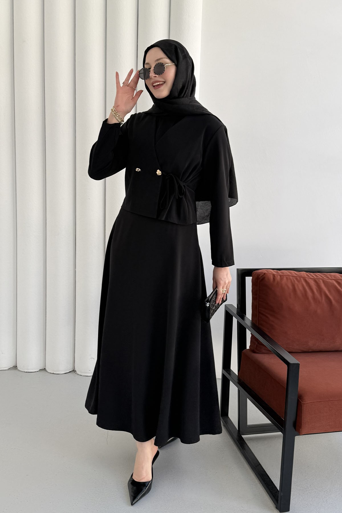 Linda Kumaş Çift Düğmeli Yandan Bağlamalı Jile Takım Elbise-SİYAH