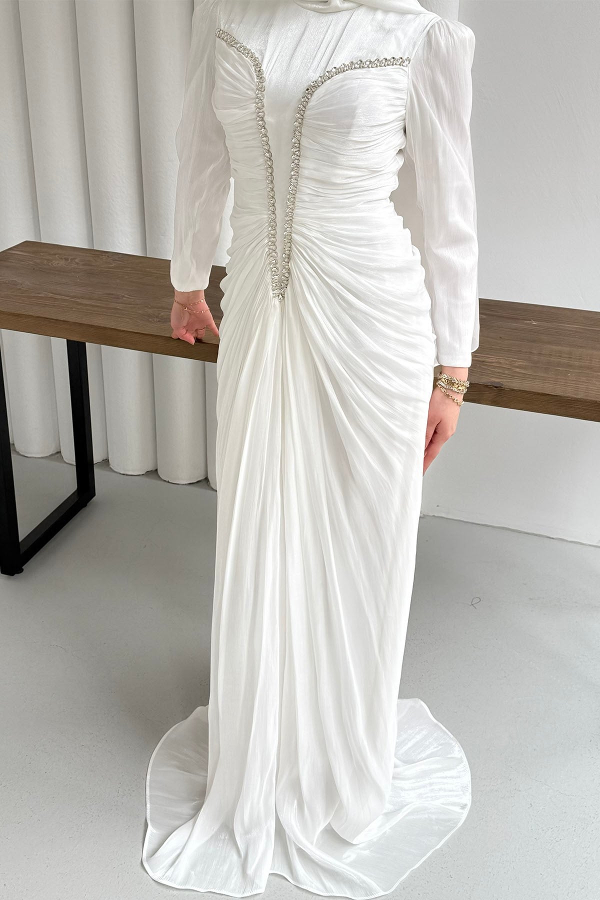 Luxe Ön Taş İşlemeli Tesettür Abiye-BEYAZ