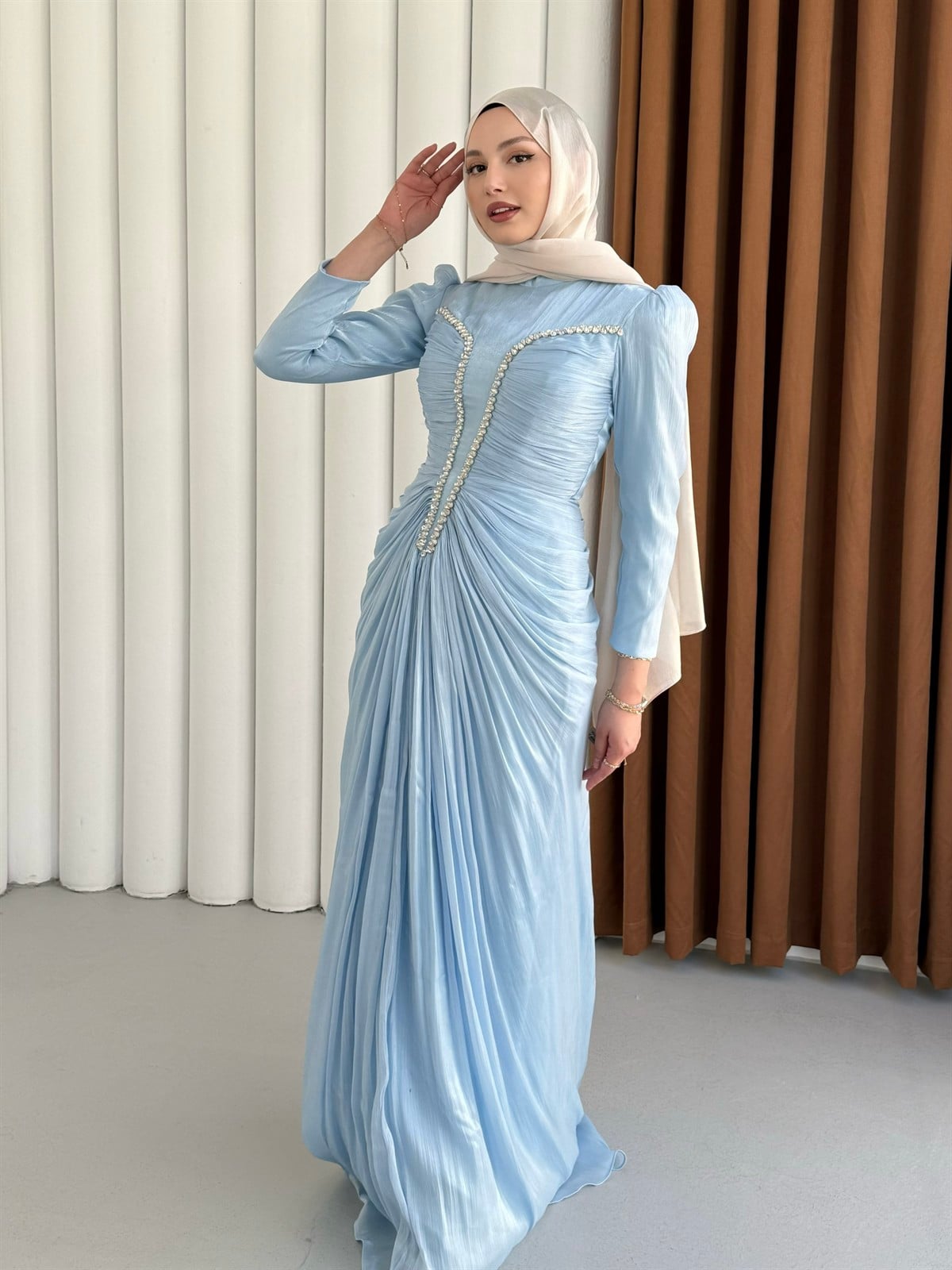 Luxe Ön Taş İşlemeli Tesettür Abiye-BEBE MAVİ