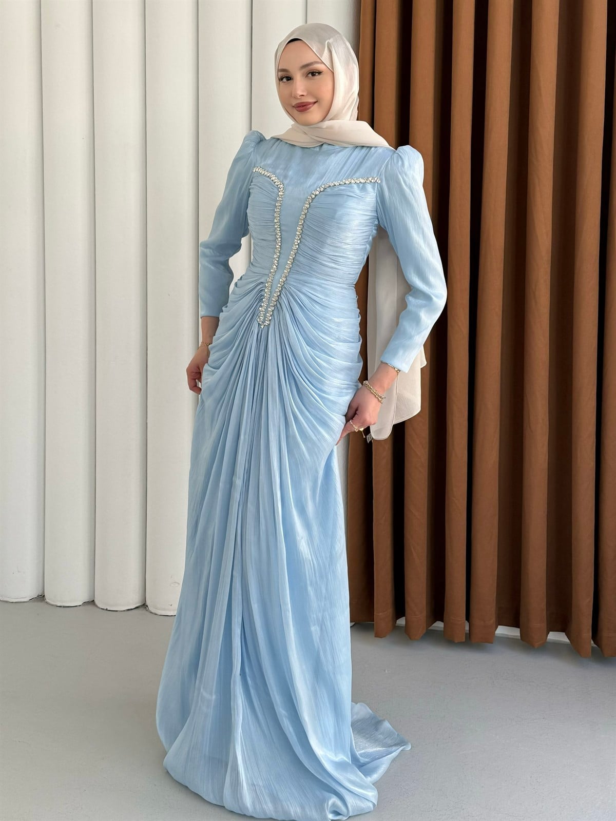 Luxe Ön Taş İşlemeli Tesettür Abiye-BEBE MAVİ