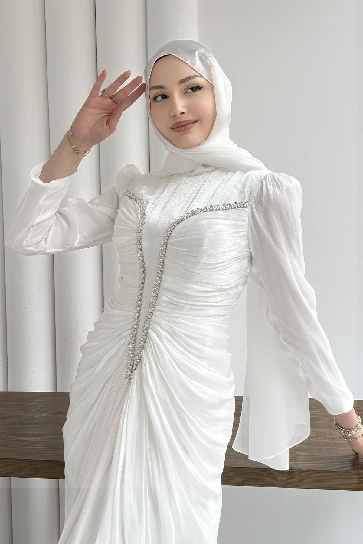 Luxe Ön Taş İşlemeli Tesettür Abiye-BEYAZ