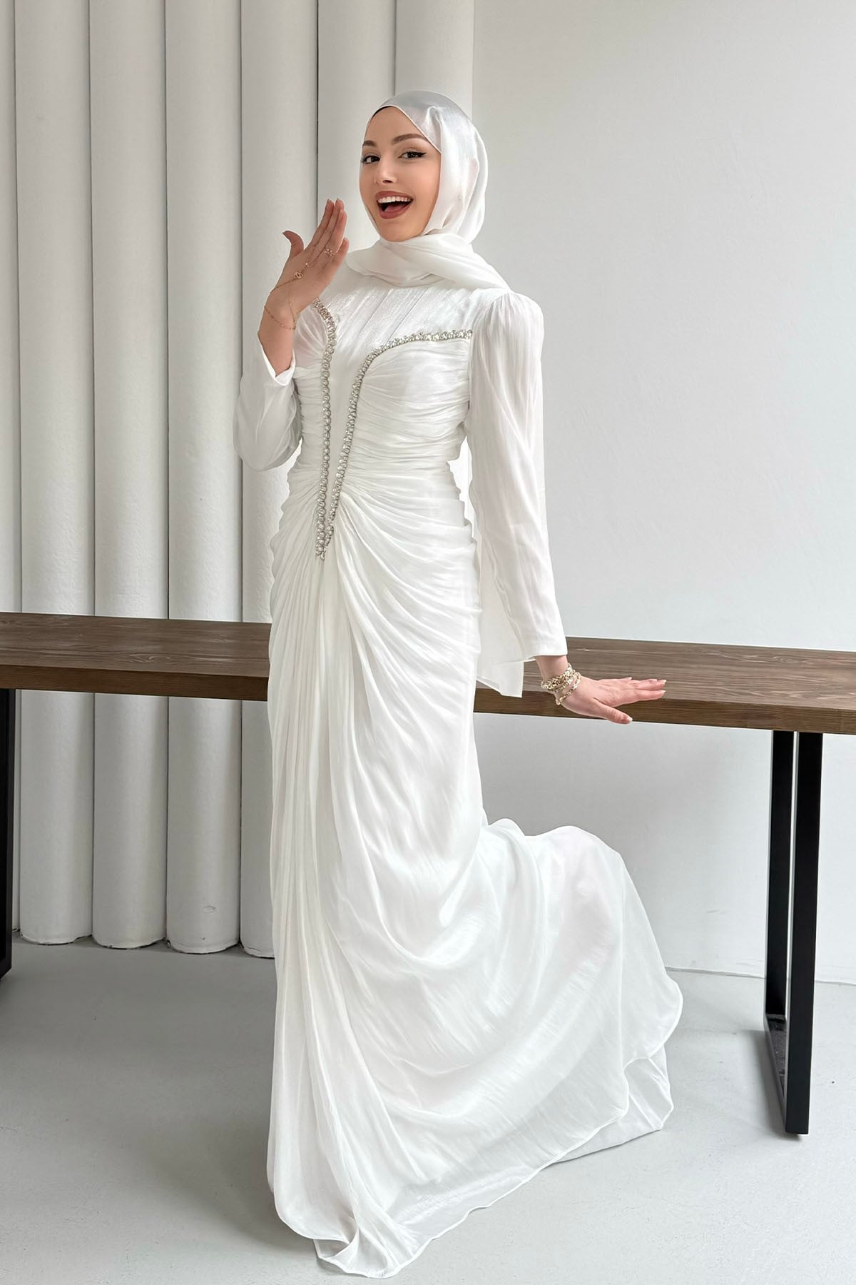 Luxe Ön Taş İşlemeli Tesettür Abiye-BEYAZ