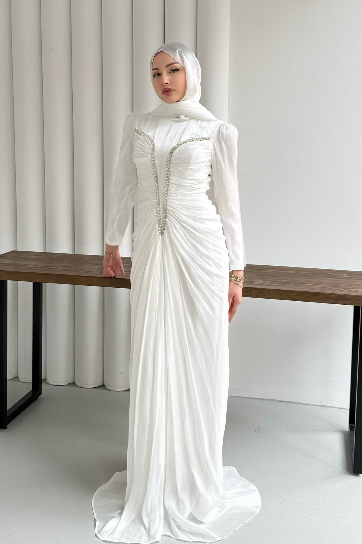 Luxe Ön Taş İşlemeli Tesettür Abiye-BEYAZ