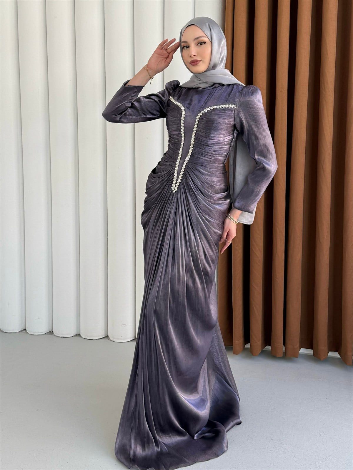 Luxe Ön Taş İşlemeli Tesettür Abiye-LİLA