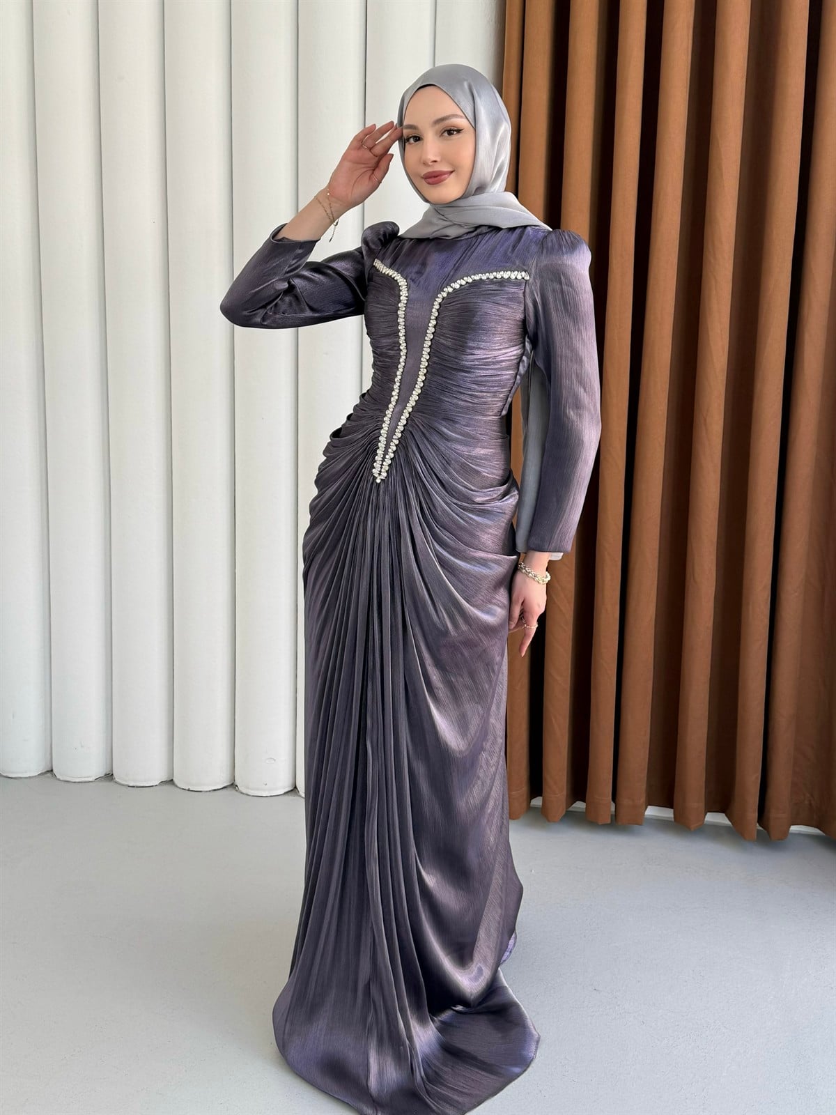 Luxe Ön Taş İşlemeli Tesettür Abiye-LİLA