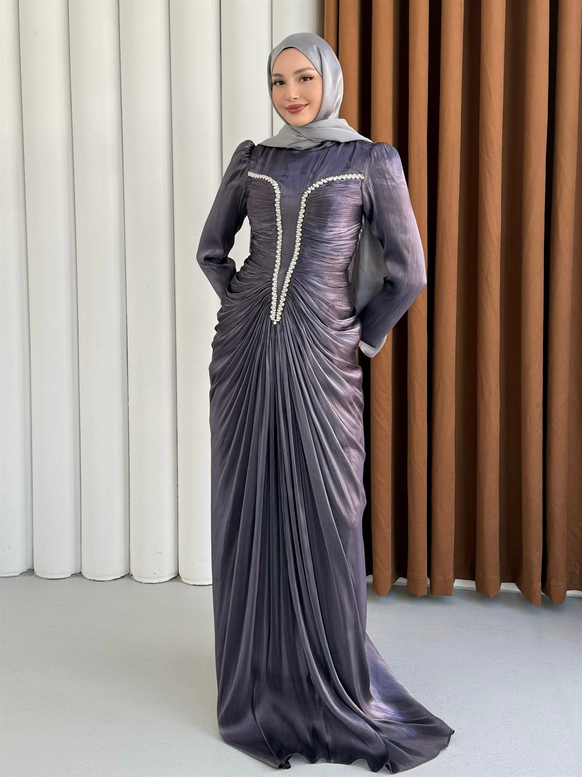 Luxe Ön Taş İşlemeli Tesettür Abiye-LİLA