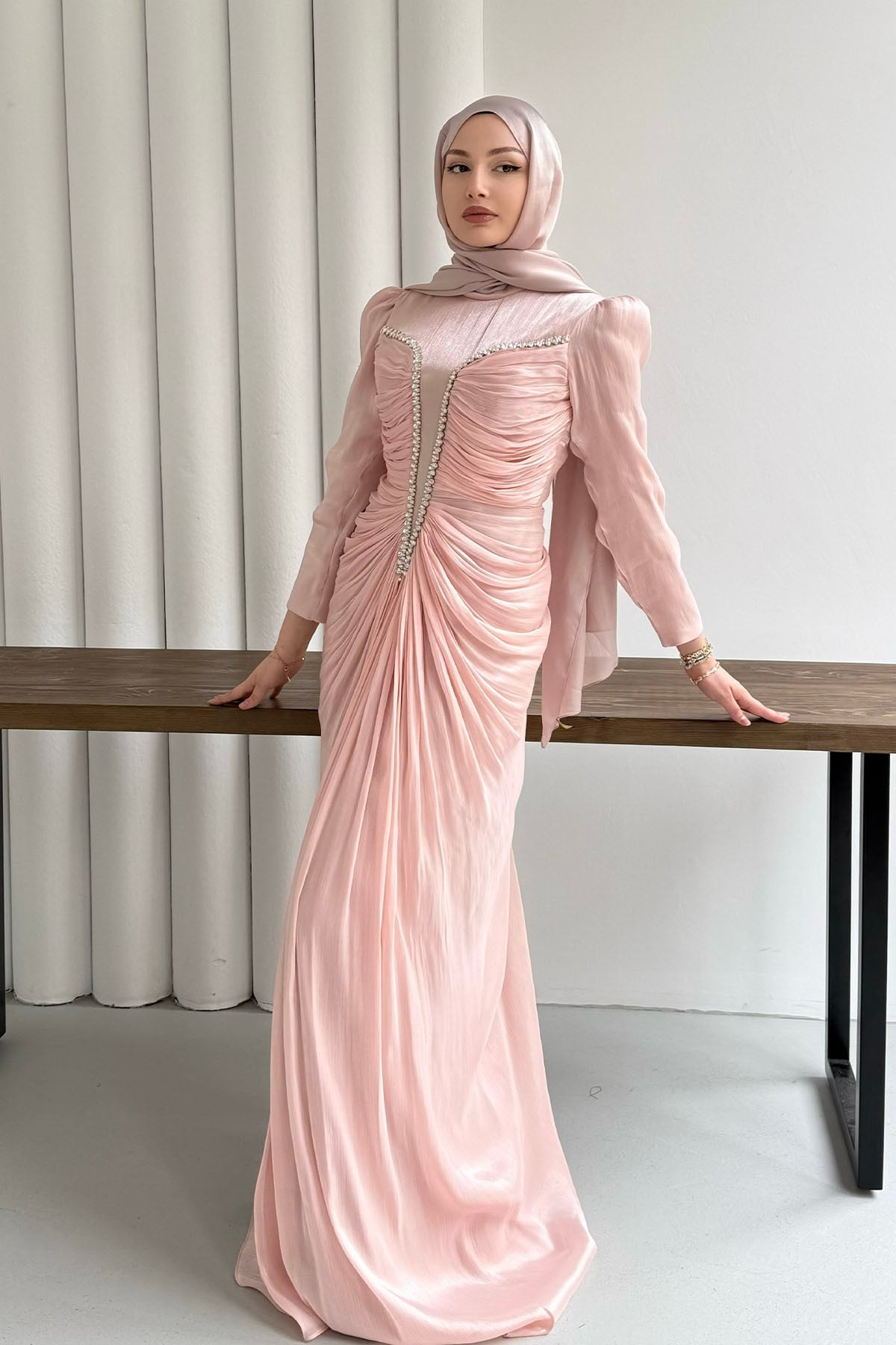 Luxe Ön Taş İşlemeli Tesettür Abiye-ŞEKER PEMBESİ