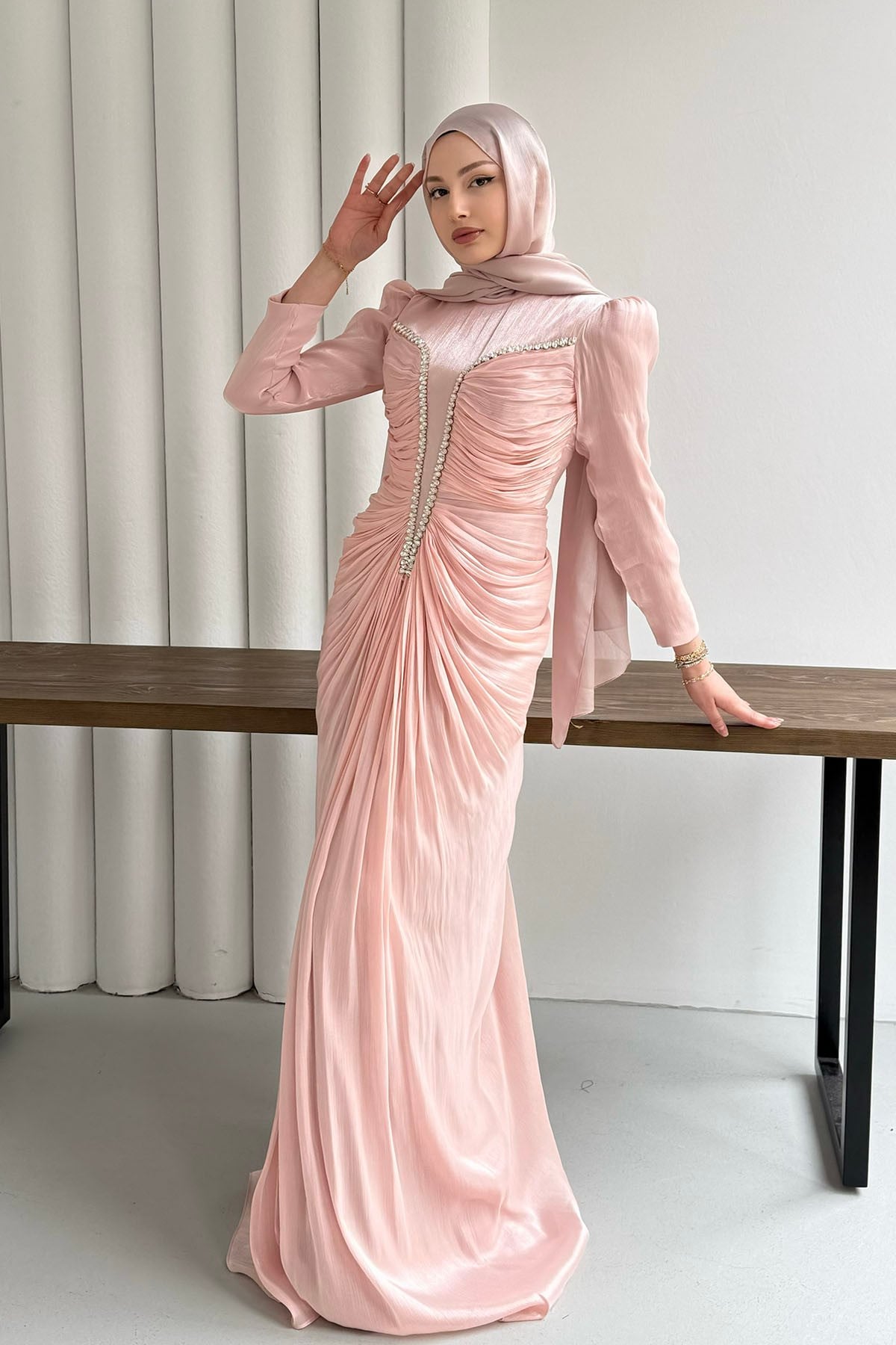 Luxe Ön Taş İşlemeli Tesettür Abiye-ŞEKER PEMBESİ