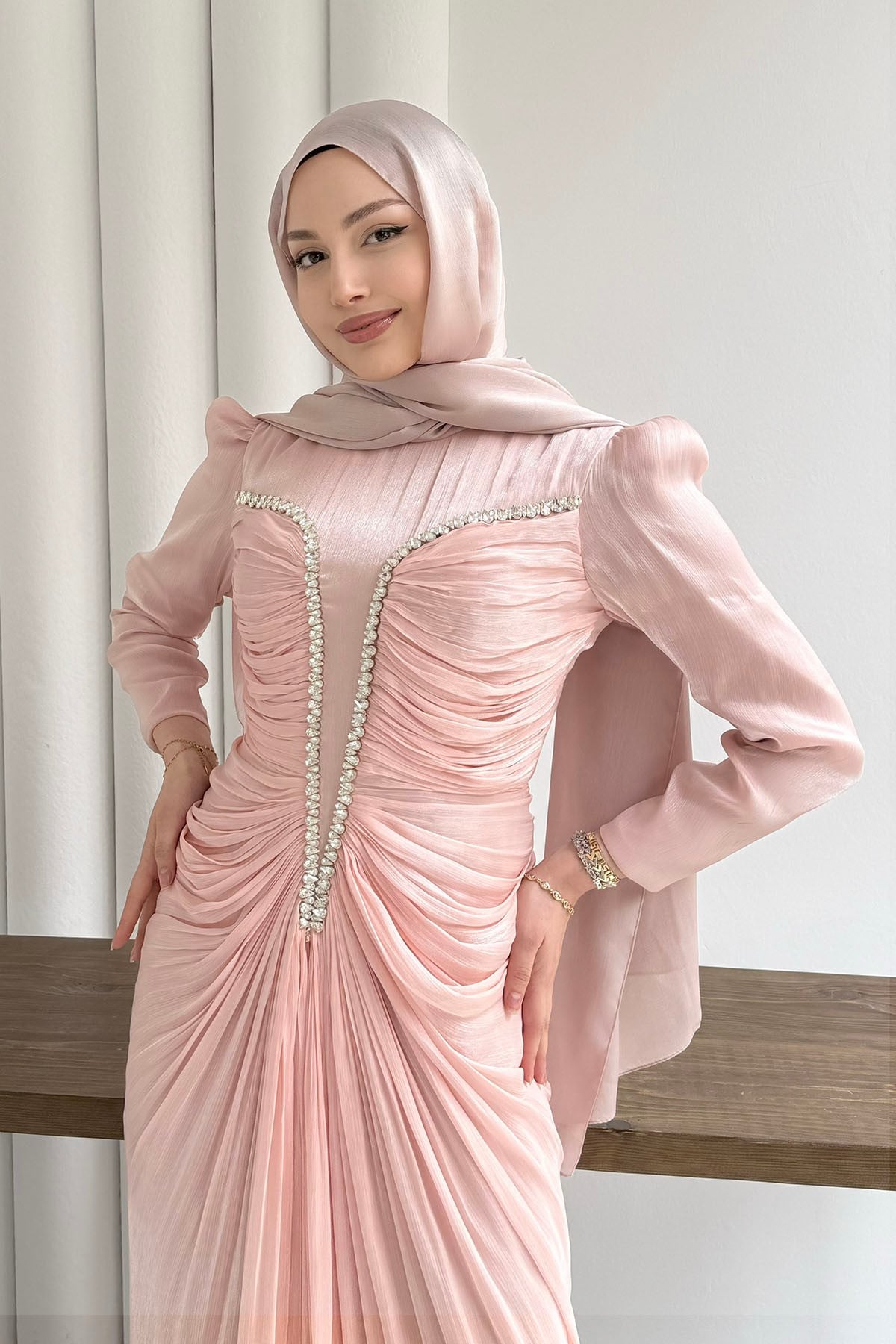 Luxe Ön Taş İşlemeli Tesettür Abiye-ŞEKER PEMBESİ