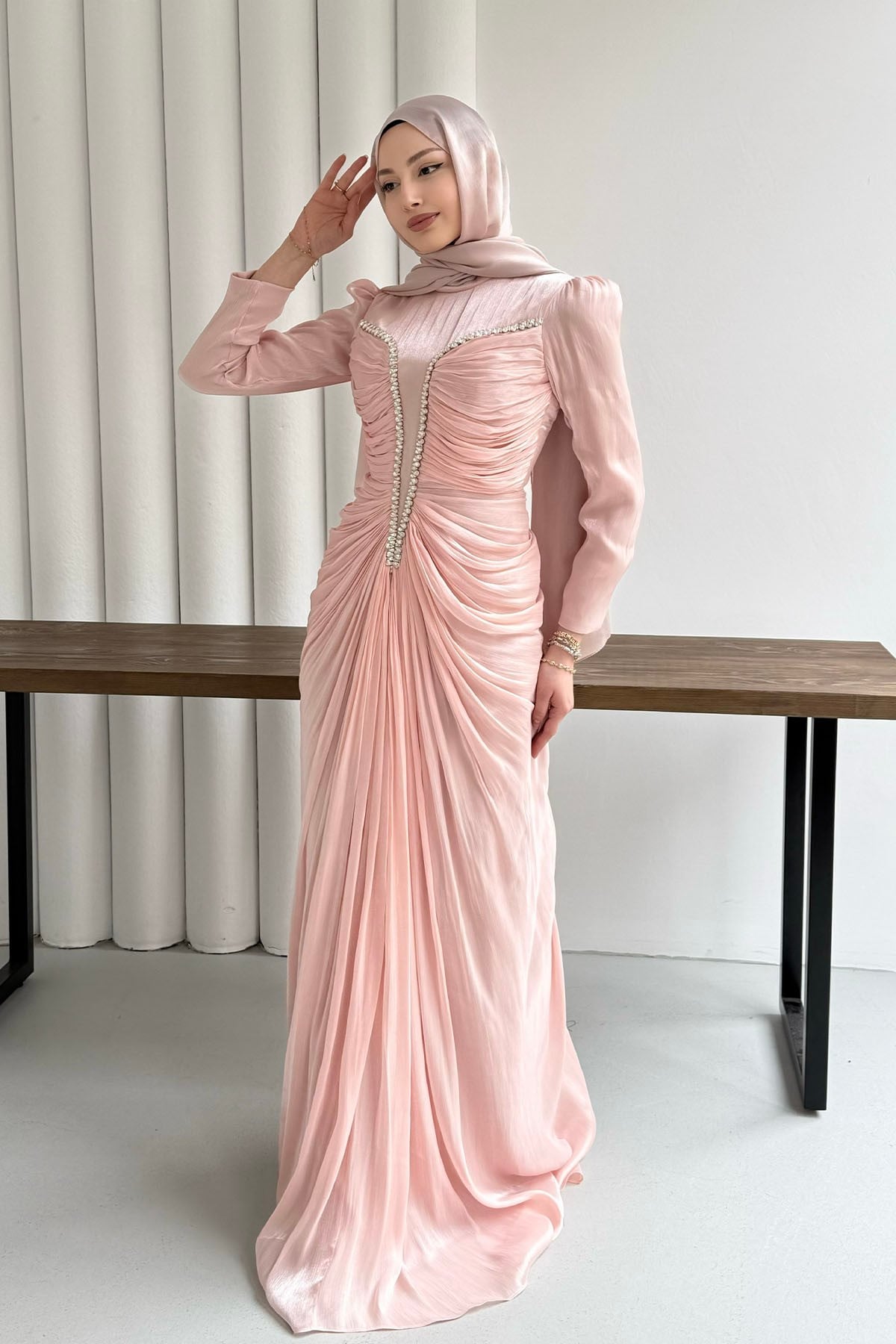 Luxe Ön Taş İşlemeli Tesettür Abiye-ŞEKER PEMBESİ