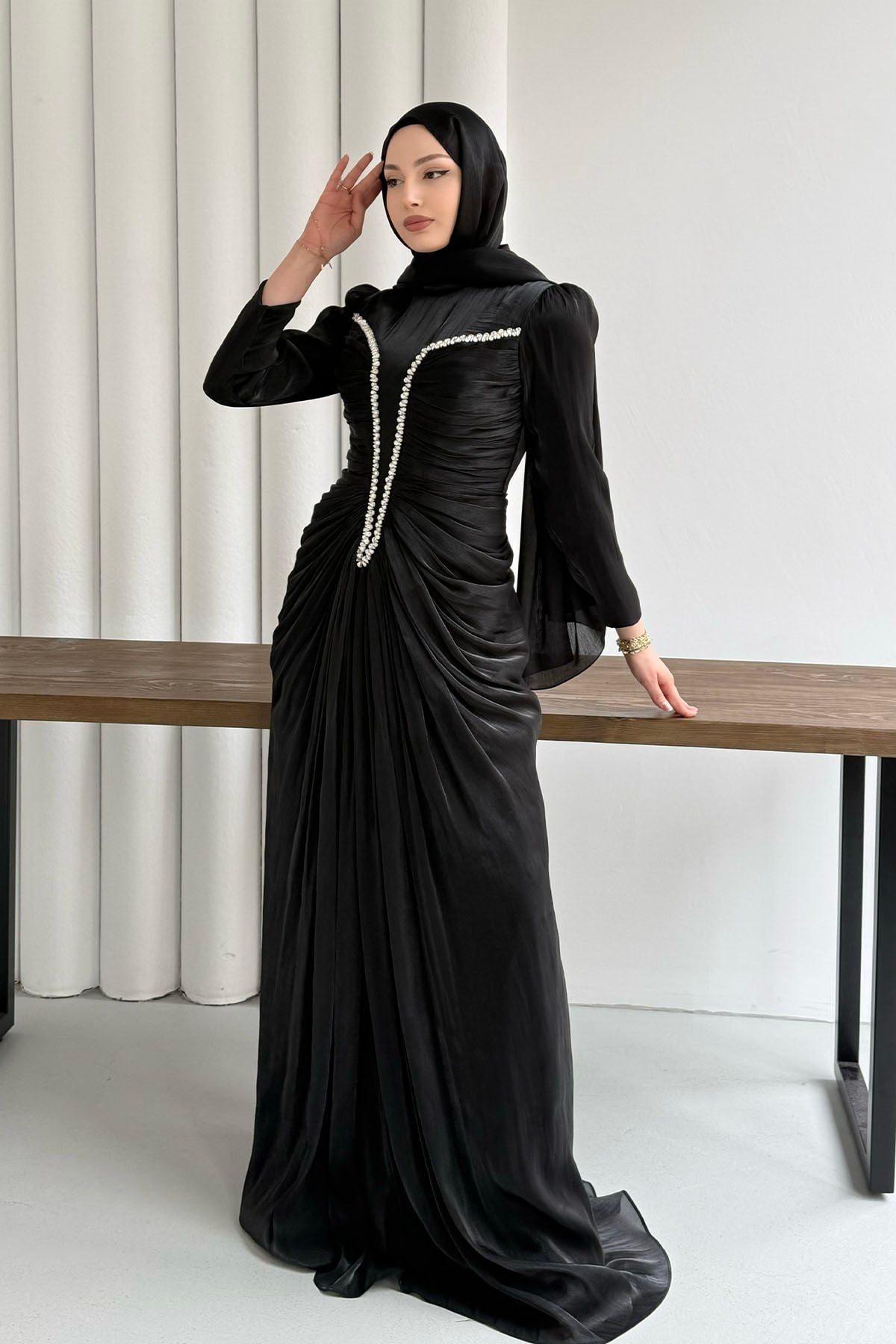 Luxe Ön Taş İşlemeli Tesettür Abiye-SİYAH