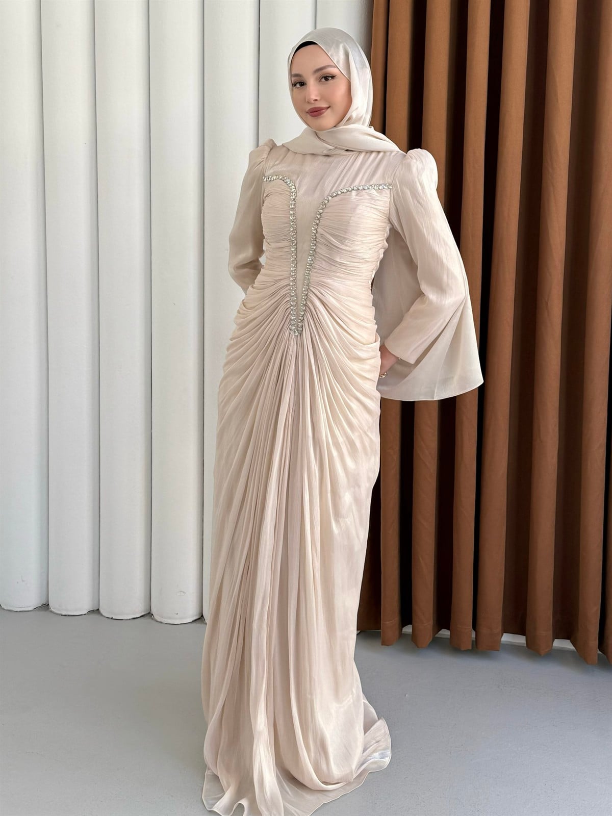 Luxe Ön Taş İşlemeli Tesettür Abiye-TAŞ