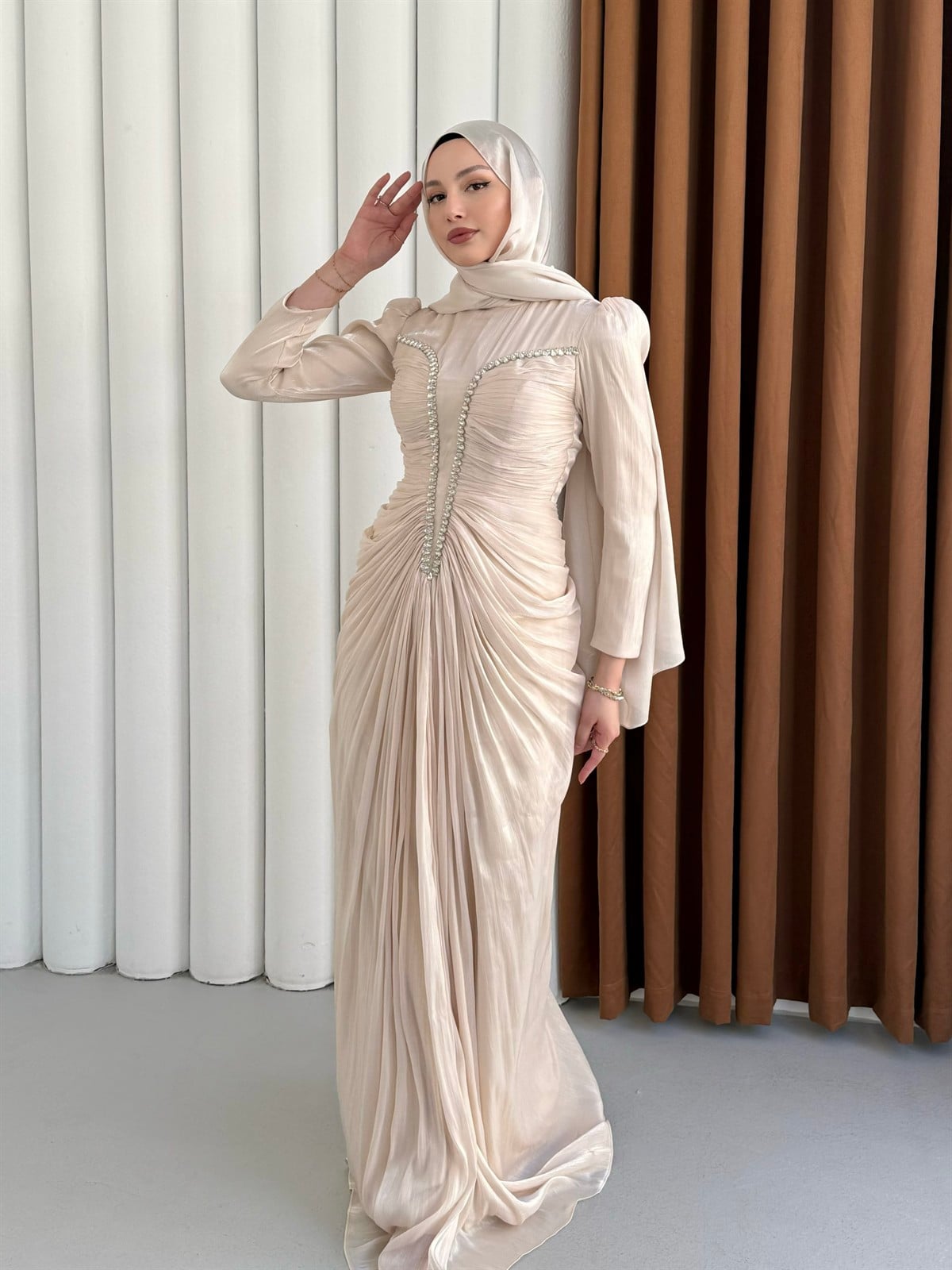 Luxe Ön Taş İşlemeli Tesettür Abiye-TAŞ