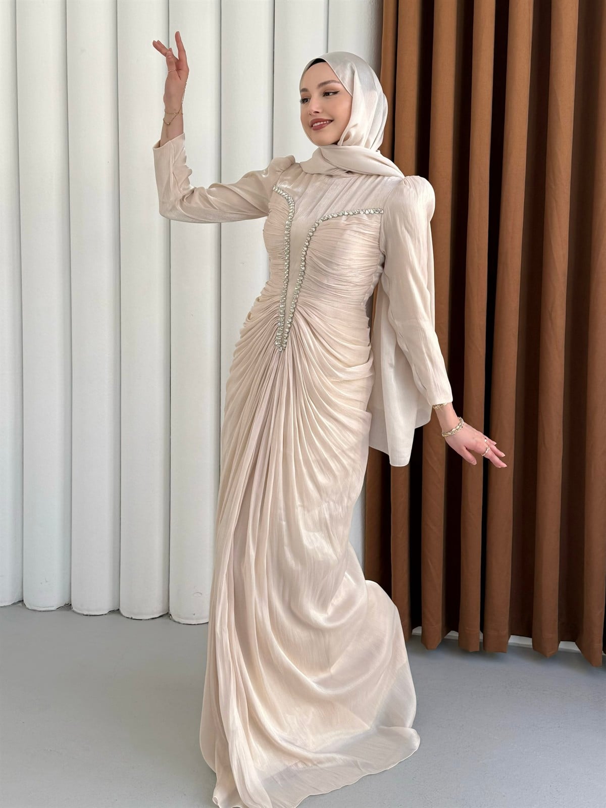 Luxe Ön Taş İşlemeli Tesettür Abiye-TAŞ