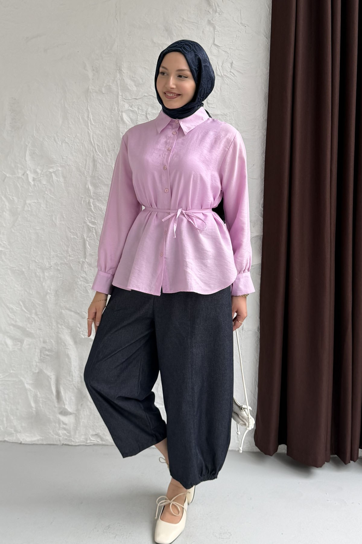 Manşet Detaylı Balon Paça Denim Pantolonlu Tesettür Takım-PEMBE