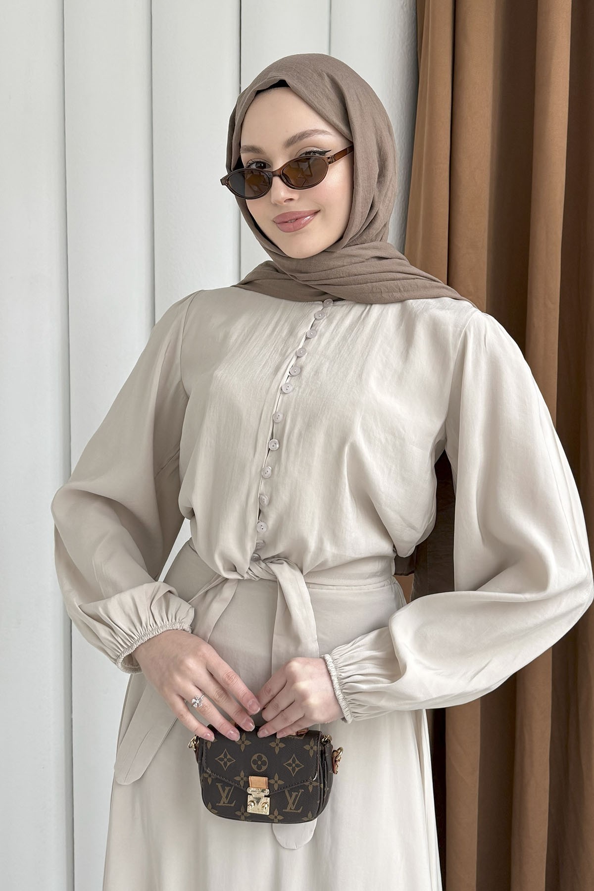 Marine Önü Bağlamalı Etekli Tesettür Takım-TAŞ