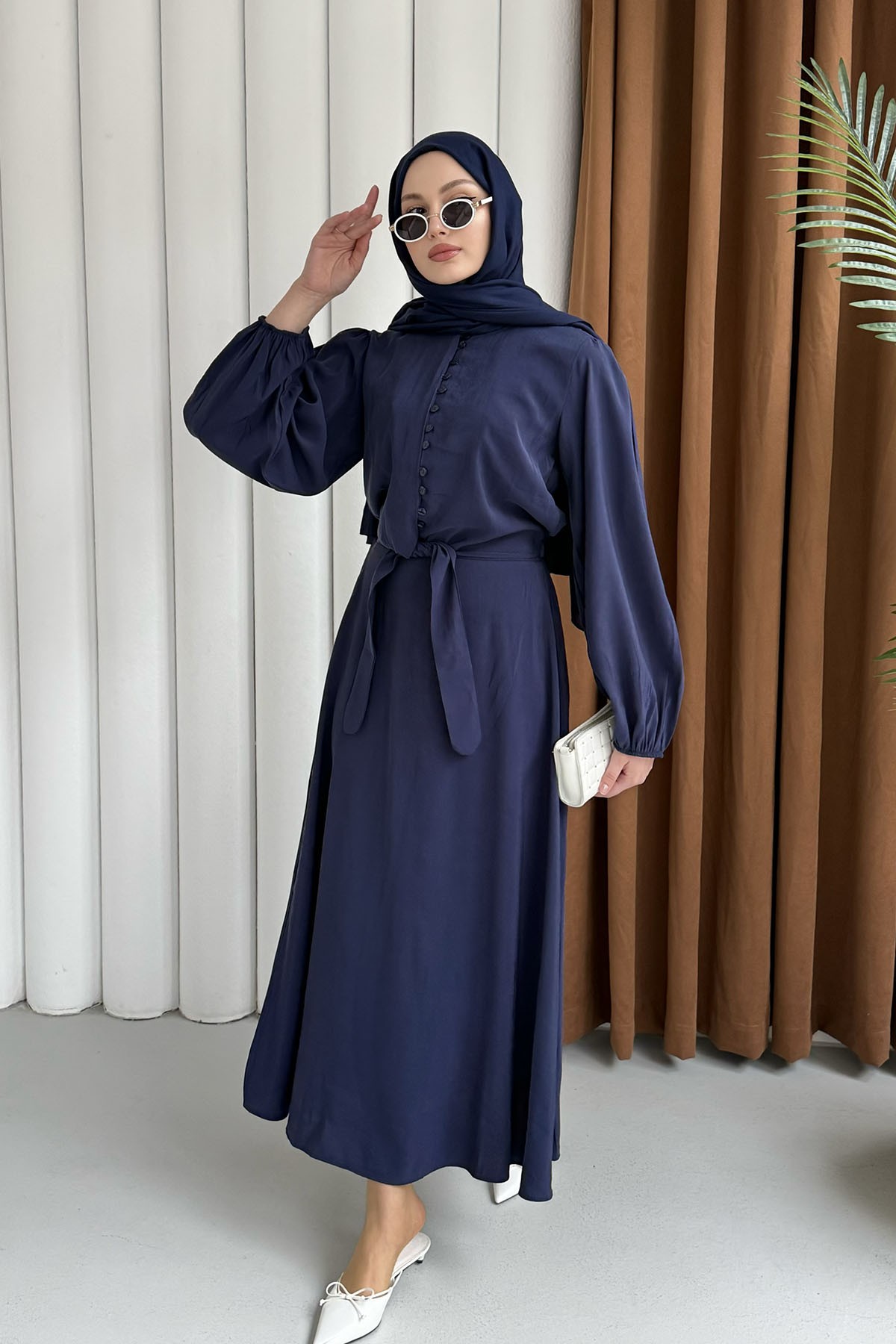 Marine Önü Bağlamalı Etekli Tesettür Takım-LACİVERT
