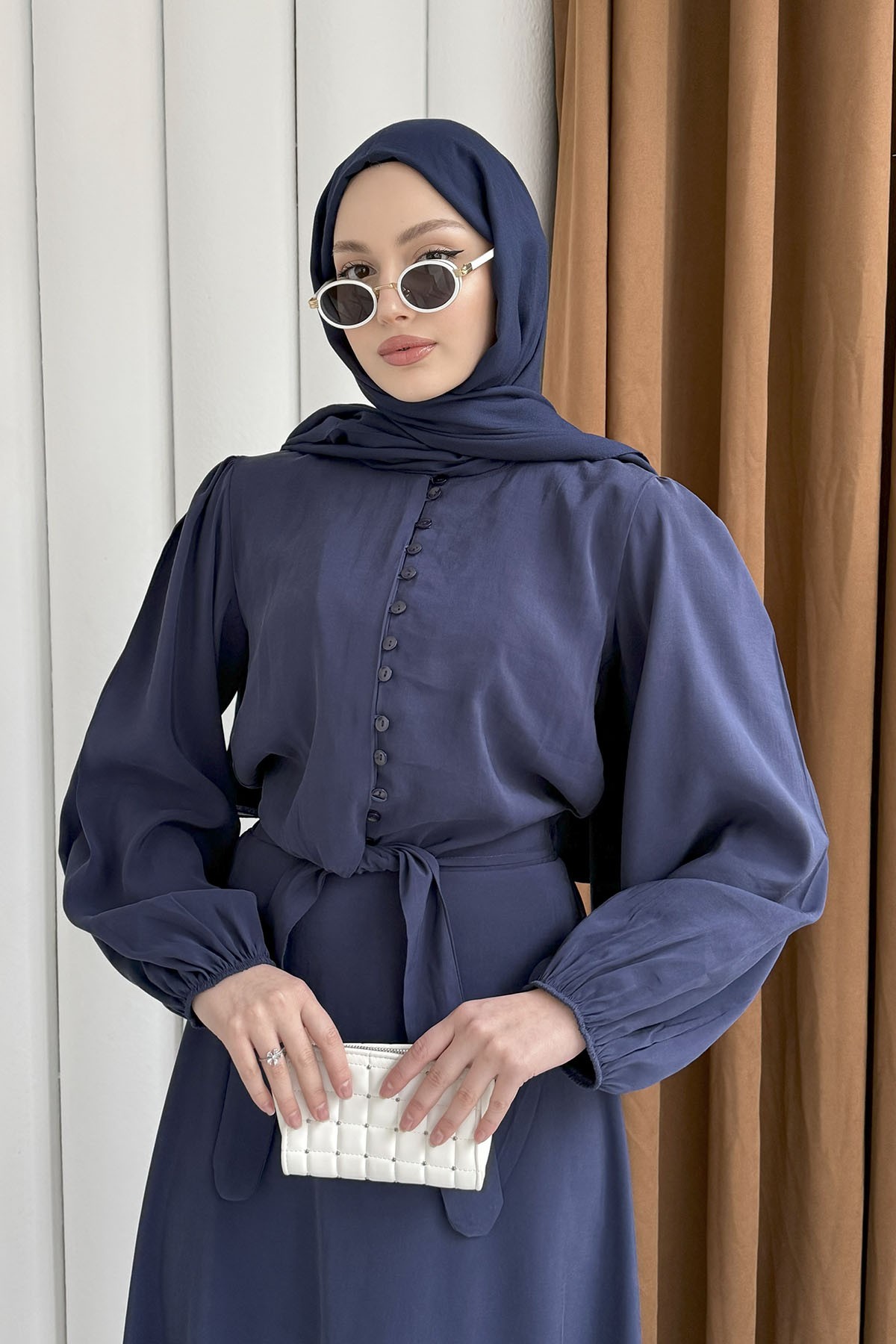 Marine Önü Bağlamalı Etekli Tesettür Takım-LACİVERT
