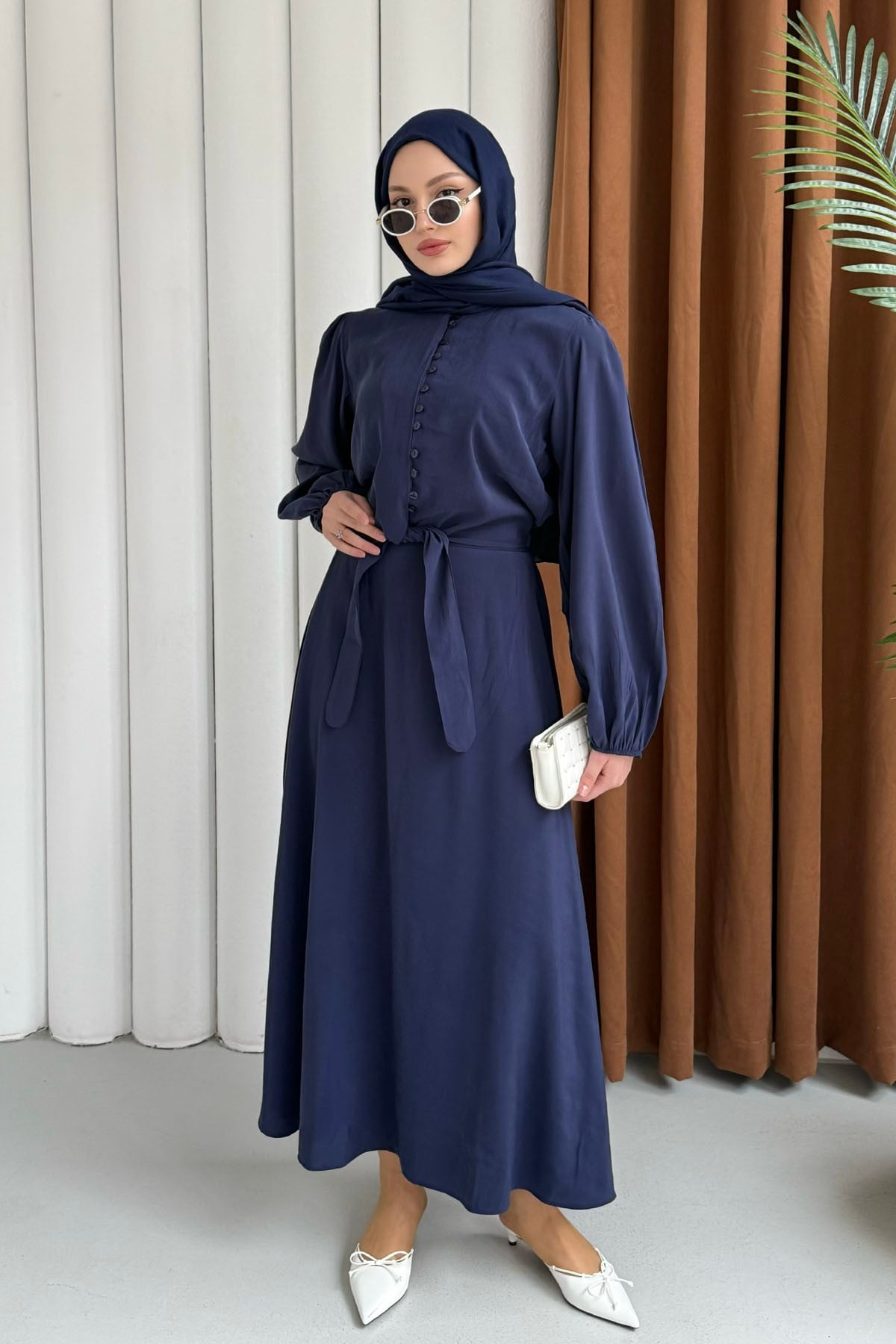 Marine Önü Bağlamalı Etekli Tesettür Takım-LACİVERT