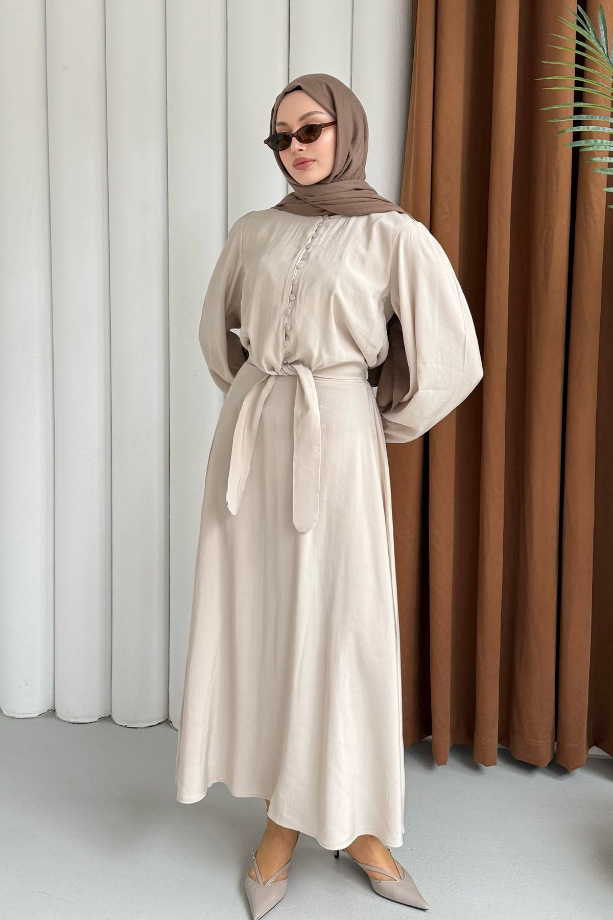 Marine Önü Bağlamalı Etekli Tesettür Takım-TAŞ