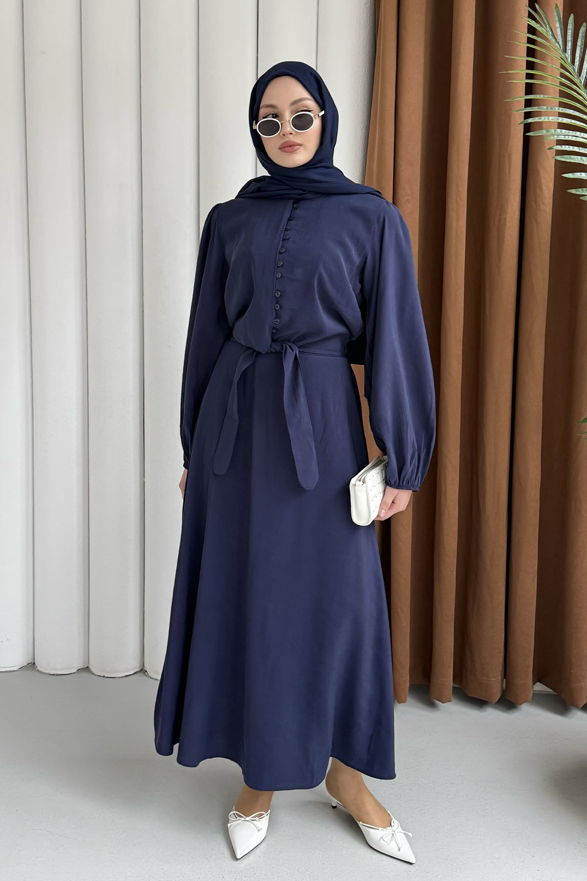 Marine Önü Bağlamalı Etekli Tesettür Takım-LACİVERT