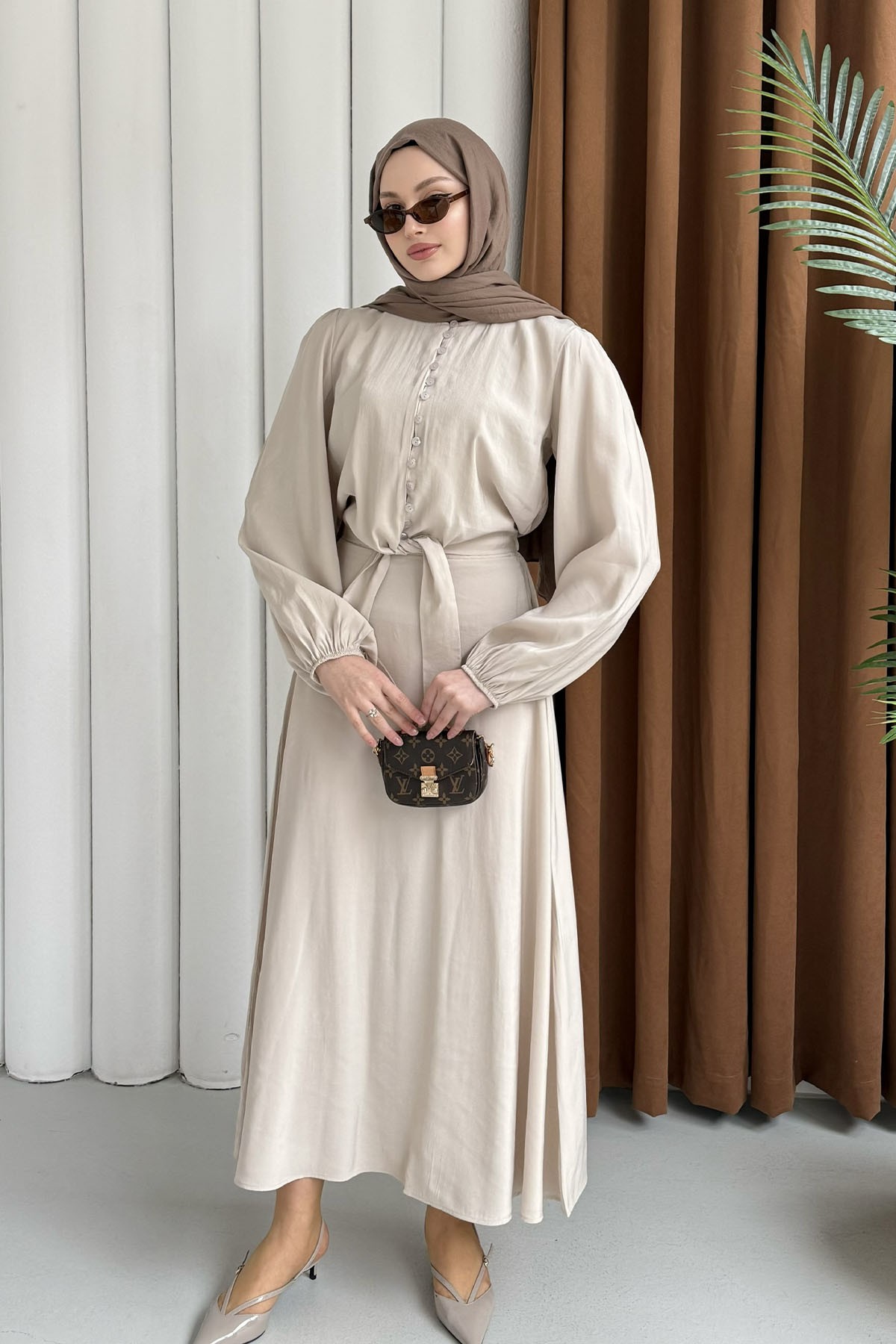 Marine Önü Bağlamalı Etekli Tesettür Takım-TAŞ