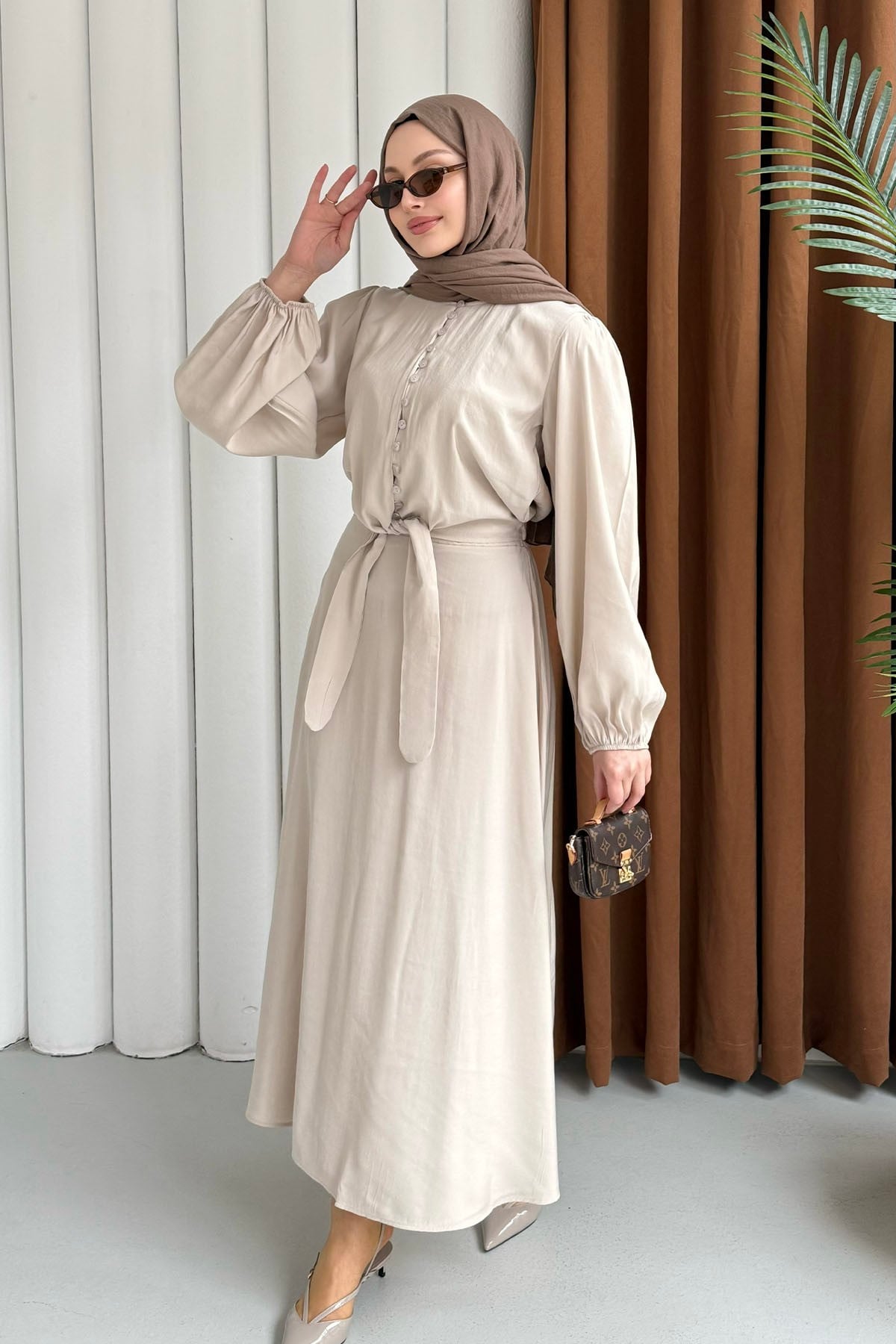 Marine Önü Bağlamalı Etekli Tesettür Takım-TAŞ