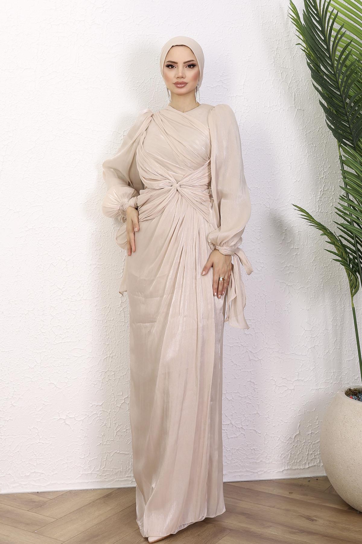 Mermaid Bağlama Detaylı Tesettür Abiye-TAŞ