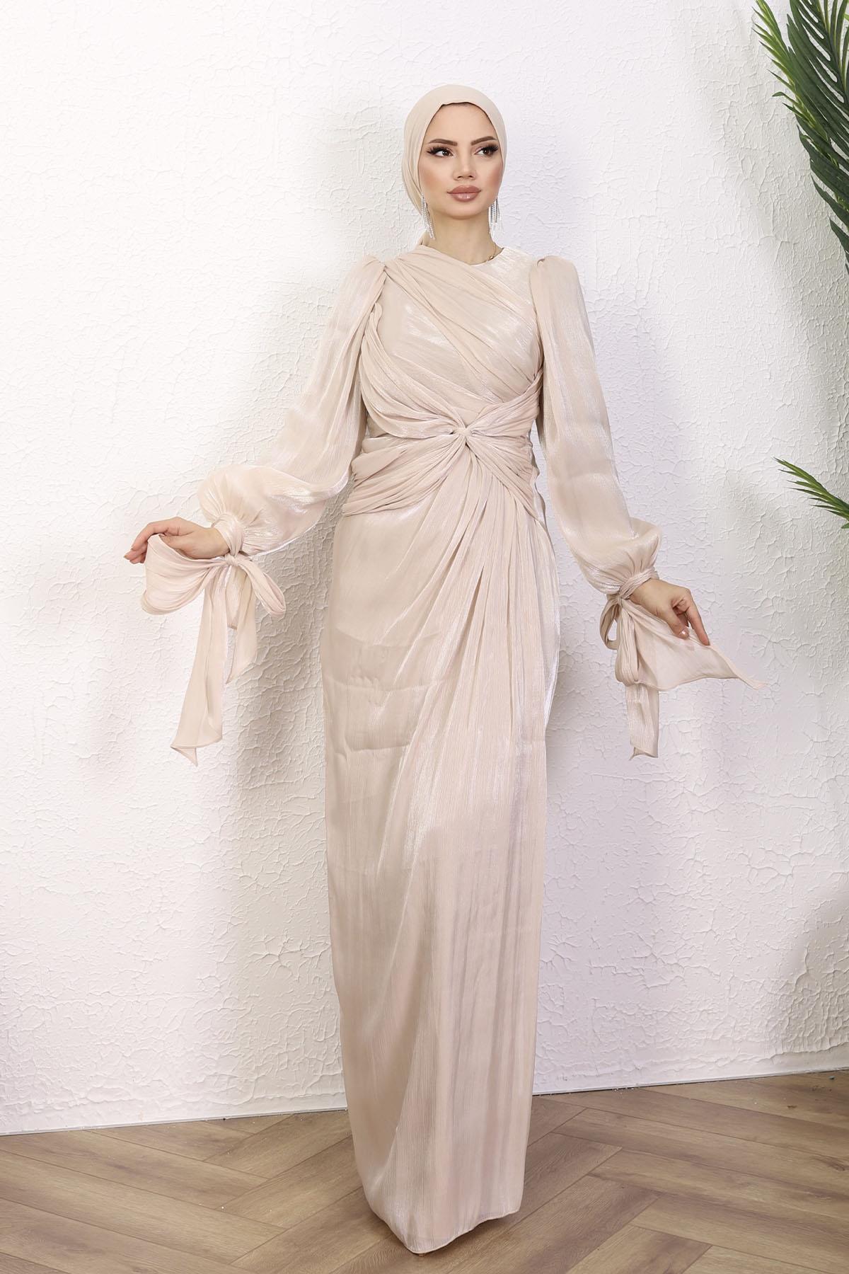 Mermaid Bağlama Detaylı Tesettür Abiye-TAŞ