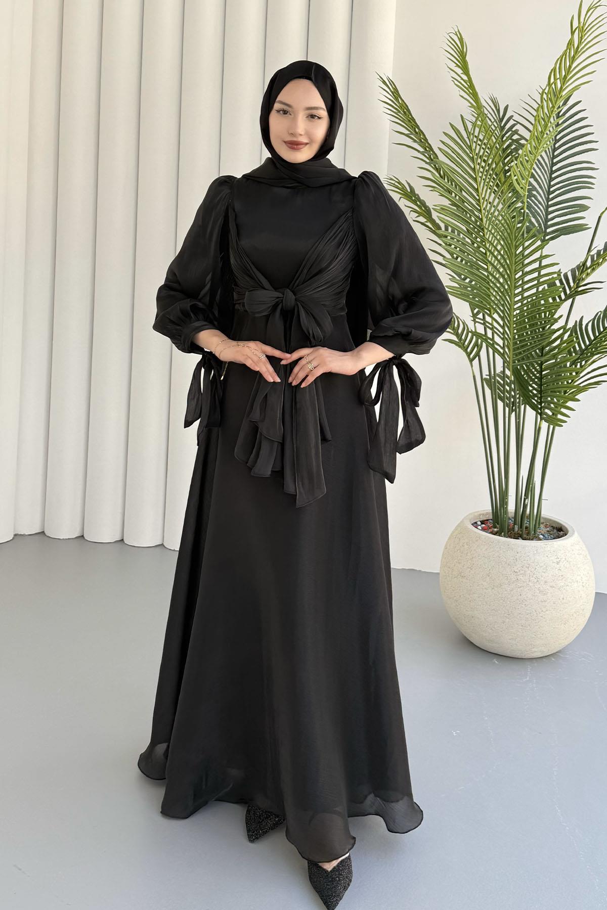 Mira Önden Bağlamalı Jan Jan Tesettür Abiye-SİYAH