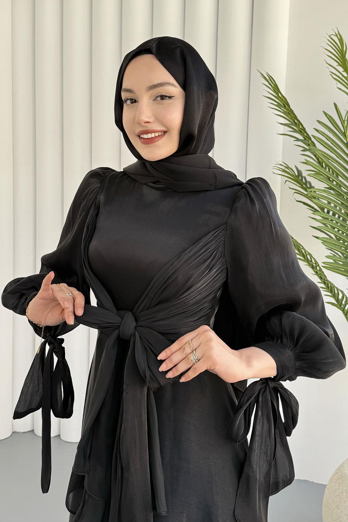 Mira Önden Bağlamalı Jan Jan Tesettür Abiye-SİYAH