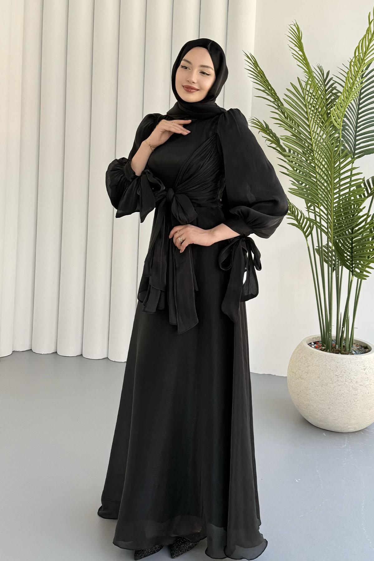 Mira Önden Bağlamalı Jan Jan Tesettür Abiye-SİYAH