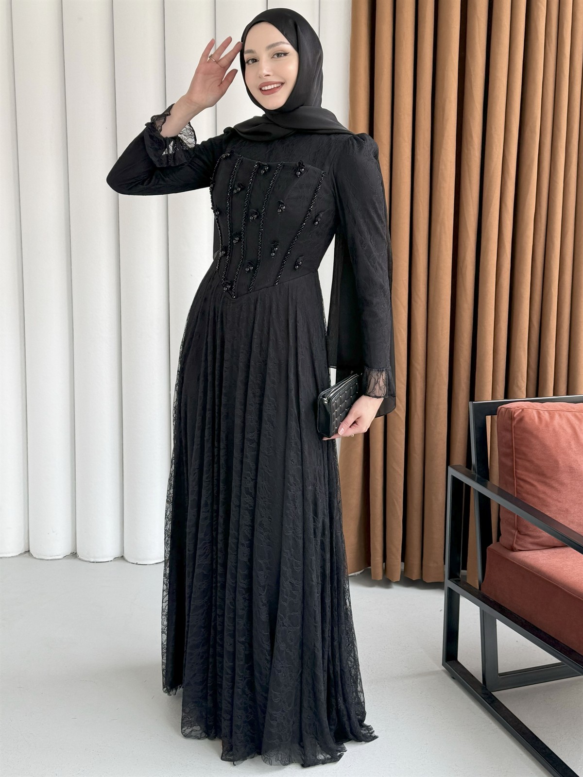 Mirella Dantel & Boncuk İşlemeli Korse Detaylı Tesettür Abiye-SİYAH