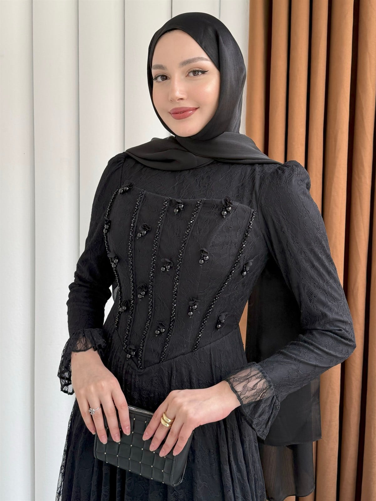 Mirella Dantel & Boncuk İşlemeli Korse Detaylı Tesettür Abiye-SİYAH